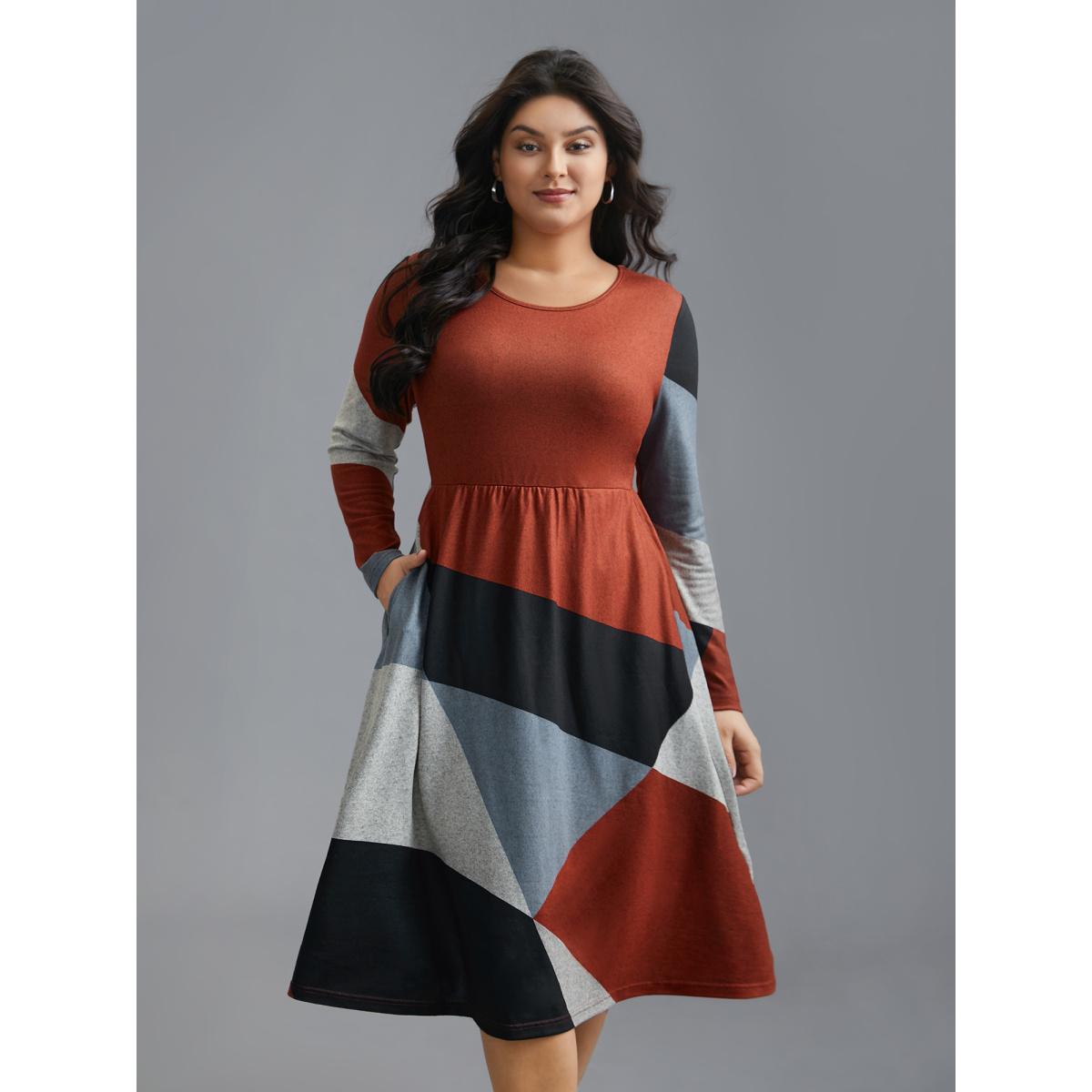 Plus Size Round Neck Geometric Colorblock Contrast Dress Multicolor Women Casual Contrast Knit Dresses Bloomchic 30/6X Product Image