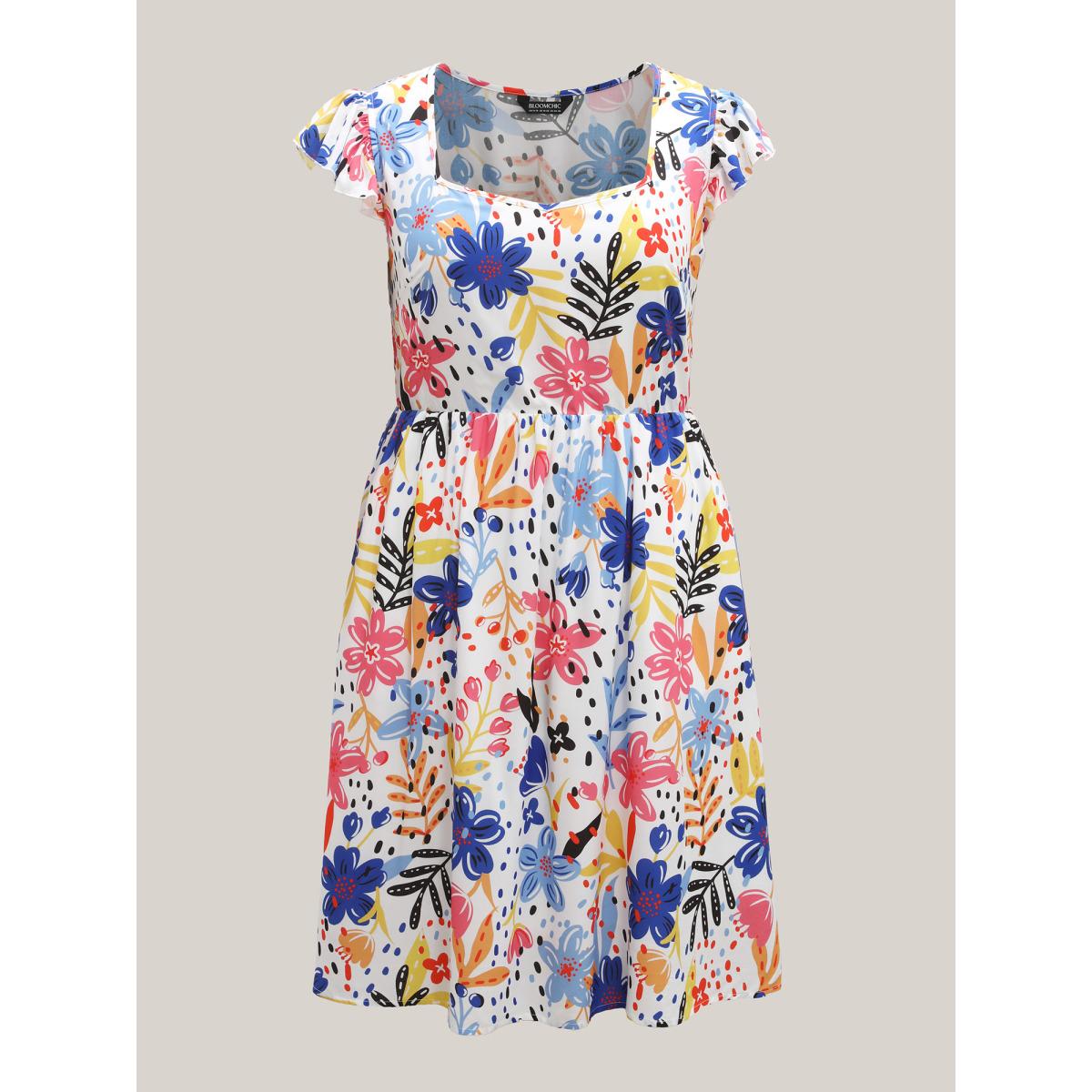Plus Size Rayon Fun Floral Print Ruffled Sleeve Midi Dress Multicolor Women Square Neck Cap Sleeve Curvy BloomChic 30/6X Product Image