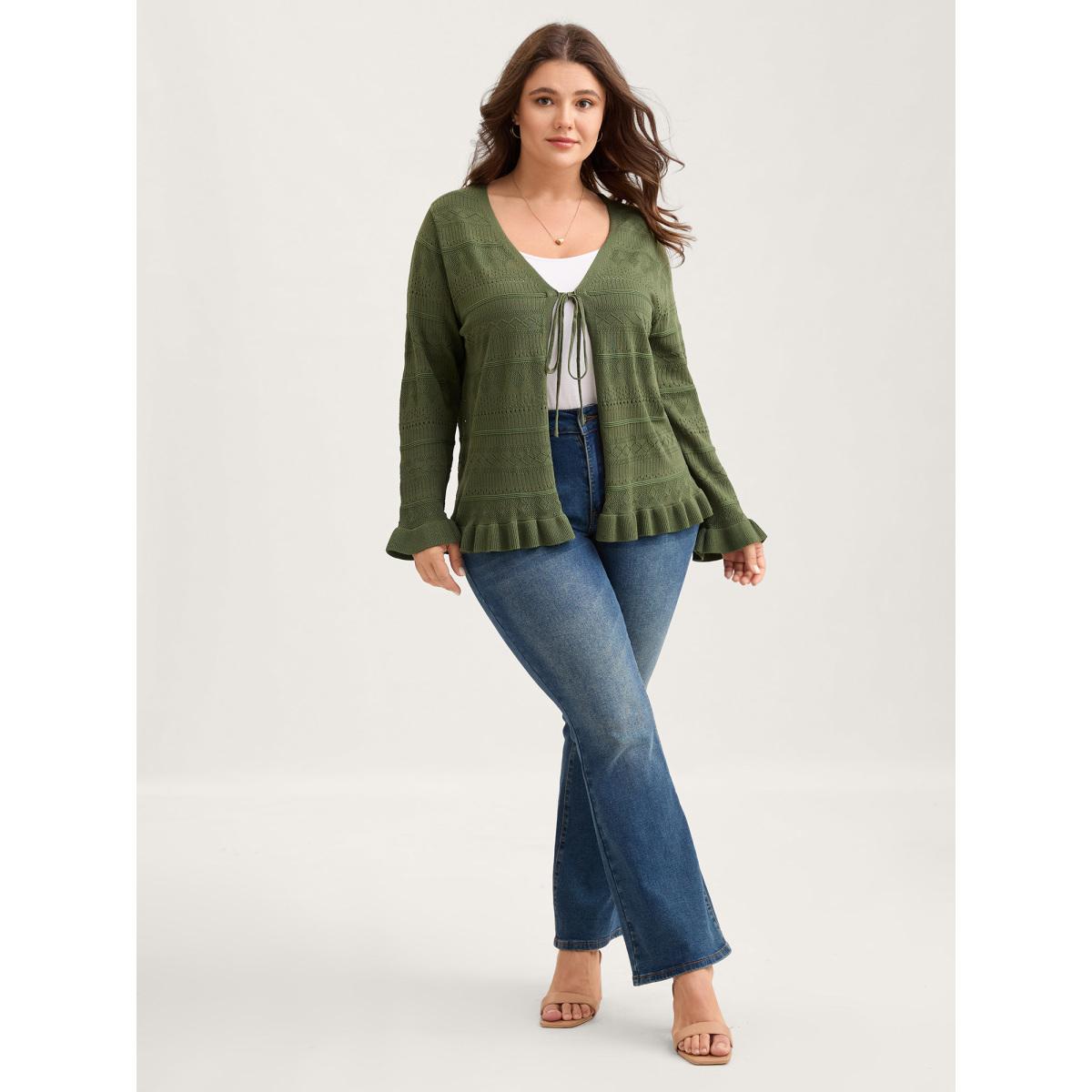 Plus Size Ruffled Hem Front Tie Textured Lightweight Cardigan ArmyGreen Women Timeless Loose Long Sleeve Elegant Cardigans BloomChic 28/5X Product Image