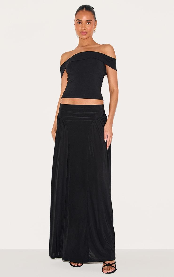 Black Slinky Drop Waist Ruched Panel Maxi Skirt Product Image