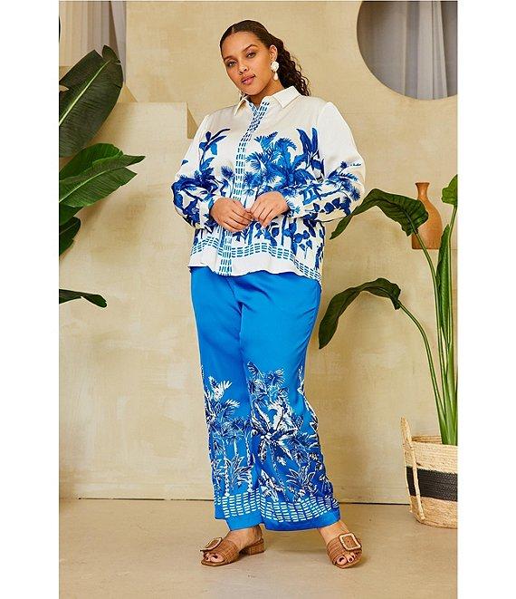 Skies Are Blue Plus Size Border Satin Long Sleeve Woven Coordinating Blouse Product Image