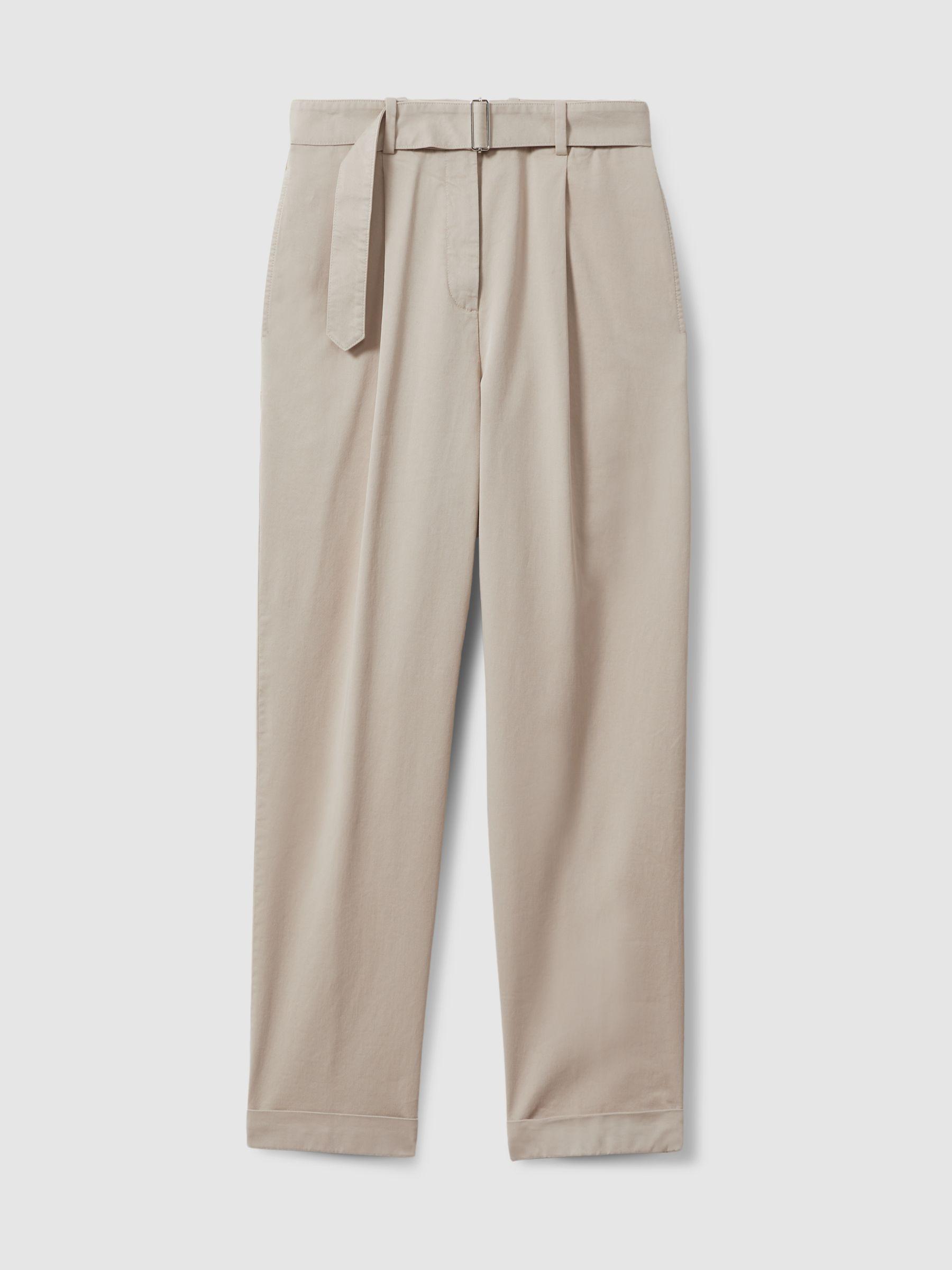 Cropped Cotton Blend Belted Trousers in Stone Product Image