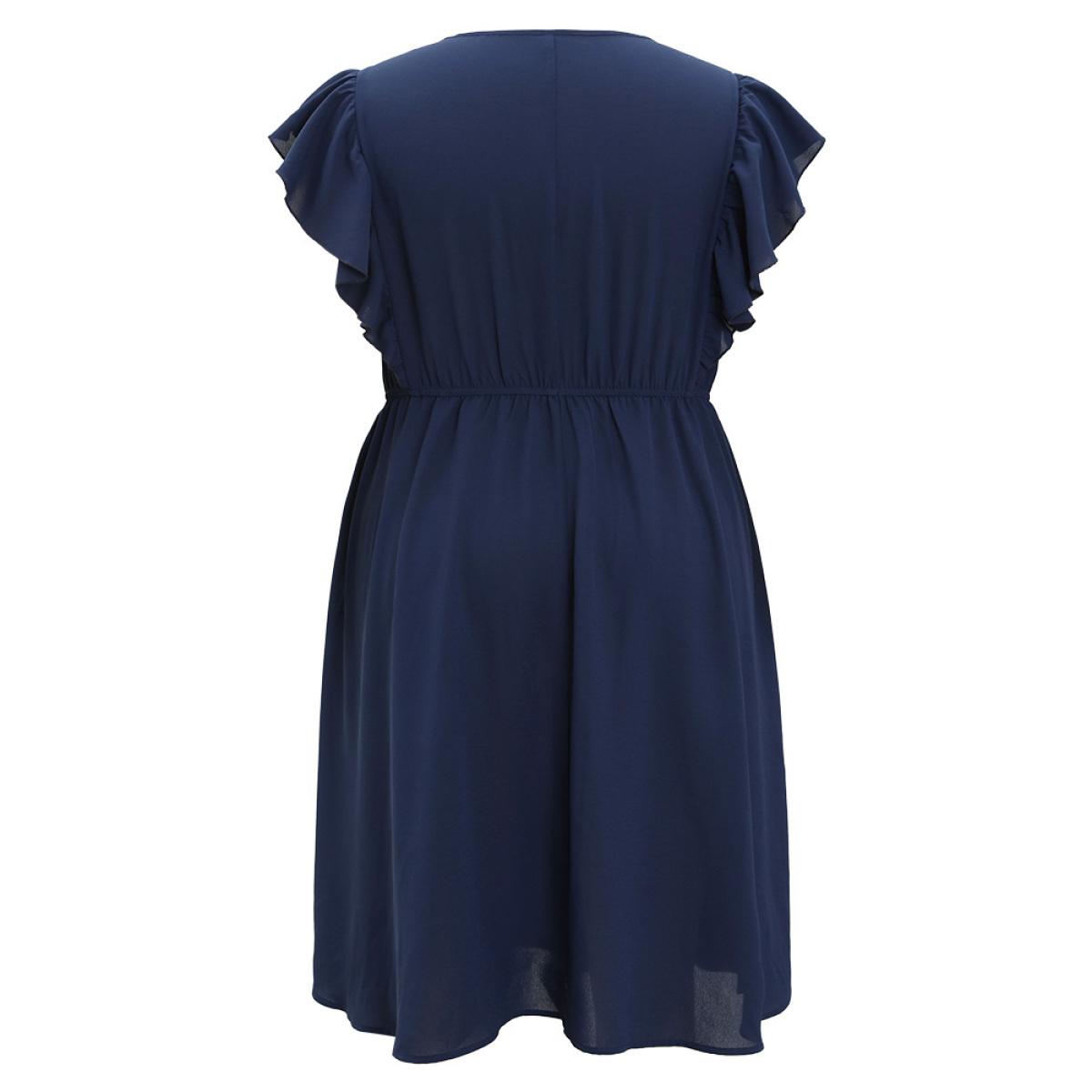 Plus Size Solid Contrast Lace V Neck Pocket Flutter Trim Dress DarkBlue Women Elegant Lace V-neck Cap Sleeve Curvy Knee Dress BloomChic 10/M Product Image