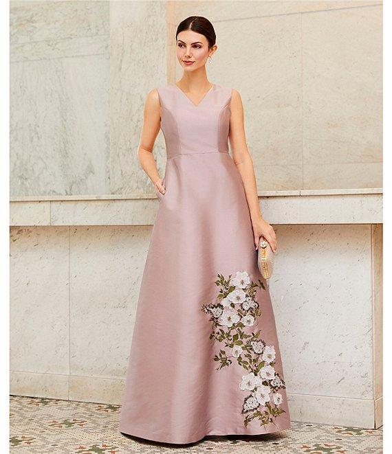 Kay Unger Mikado Placement Floral Print V Neck Sleeveless A-Line Gown Product Image