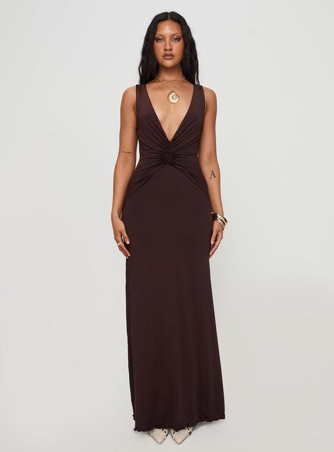 Frederica Plunge Maxi Dress Chocolate Product Image