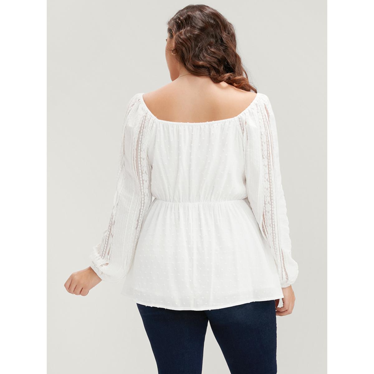 Plus Size WhiteSmoke Solid Lace Patchwork Lantern Sleeve Blouse Women Elegant Long Sleeve V-neck Dailywear Blouses BloomChic 10/M Product Image