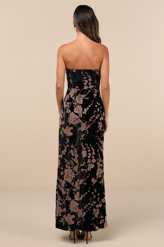 Luxurious Allure Black Burnout Velvet Strapless Maxi Dress Product Image
