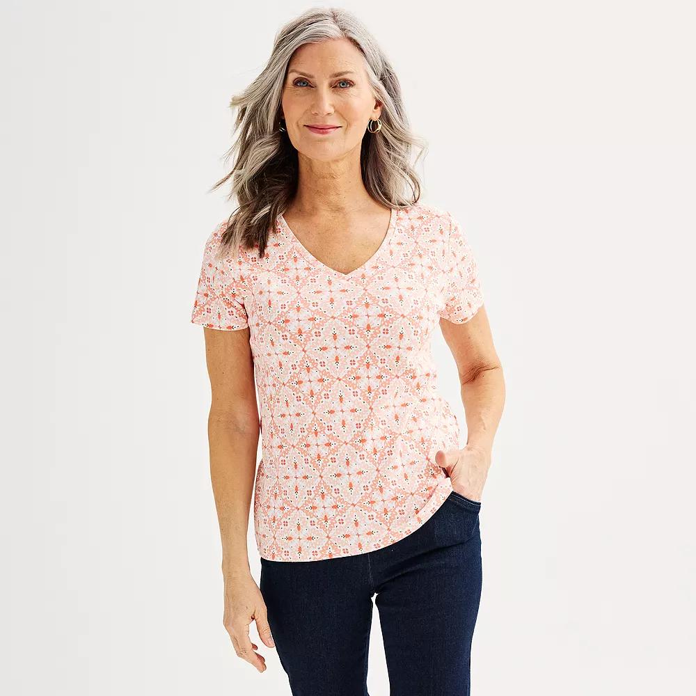 Petite Croft & Barrow® Essential V-Neck Tee, Women's, Size: Medium Petite, Pink Floral Tile Product Image