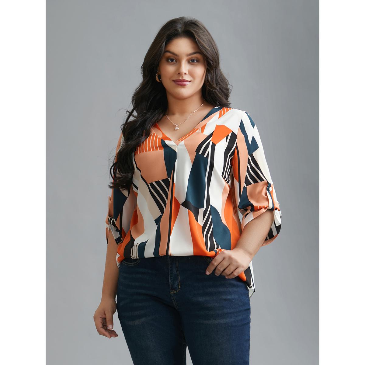 Plus Size Multicolor Abstract Print Tab Sleeve Blouse Women Office Elbow-length sleeve V-neck Office Blouses BloomChic 10/M Product Image