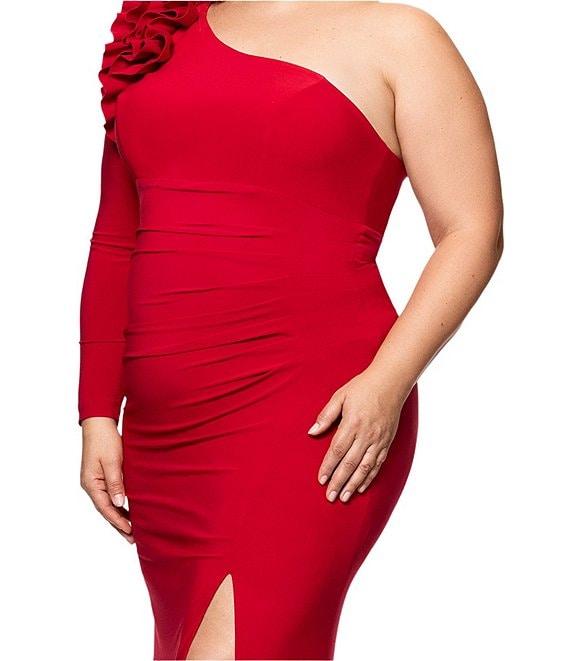Xscape Plus Size Asymmetrical Ruffle Shoulder Long Sleeve Sheath Dress Product Image