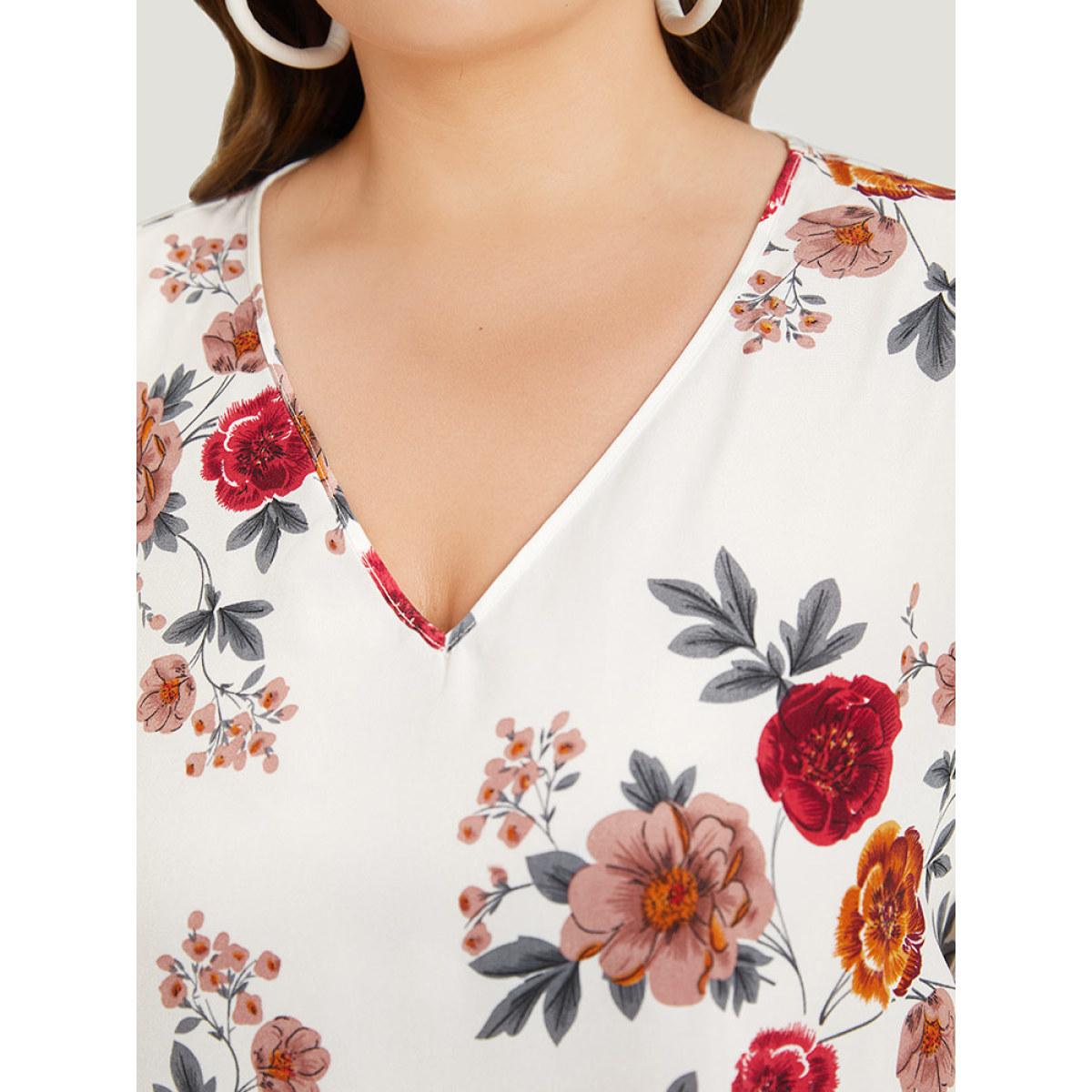 Plus Size White Floral Print High Low Hem Flutter Blouse Women Elegant Short sleeve V-neck Dailywear Blouses BloomChic 10/M Product Image