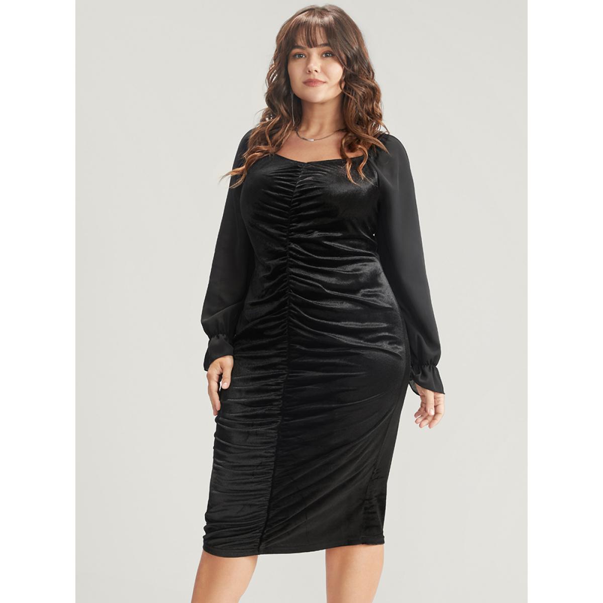 Plus Size Solid Lantern Sleeve Ruched Velvet Knee Dress Black Women Party Gathered V-neck Long Sleeve Curvy Knee Dress BloomChic 26/4X Product Image