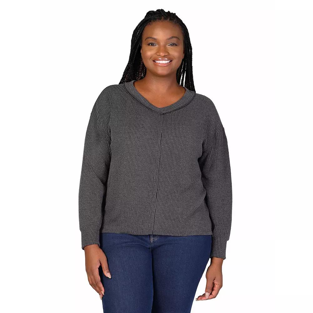 Plus Size 24Seven Comfort Apparel Relaxed Fit Ribbed Knit V-Neck Sweater, Women's, Size: 1XL, Black Product Image