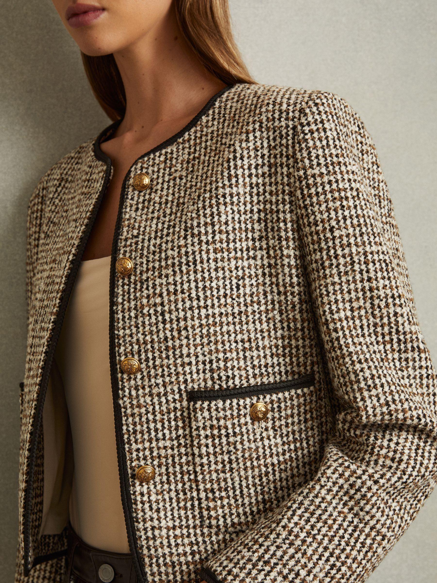Cropped Wool Blend Tweed Jacket in Brown Product Image