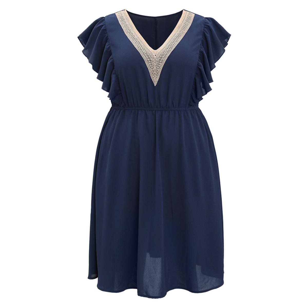 Plus Size Solid Contrast Lace V Neck Pocket Flutter Trim Dress DarkBlue Women Elegant Lace V-neck Cap Sleeve Curvy Knee Dress BloomChic 10/M Product Image