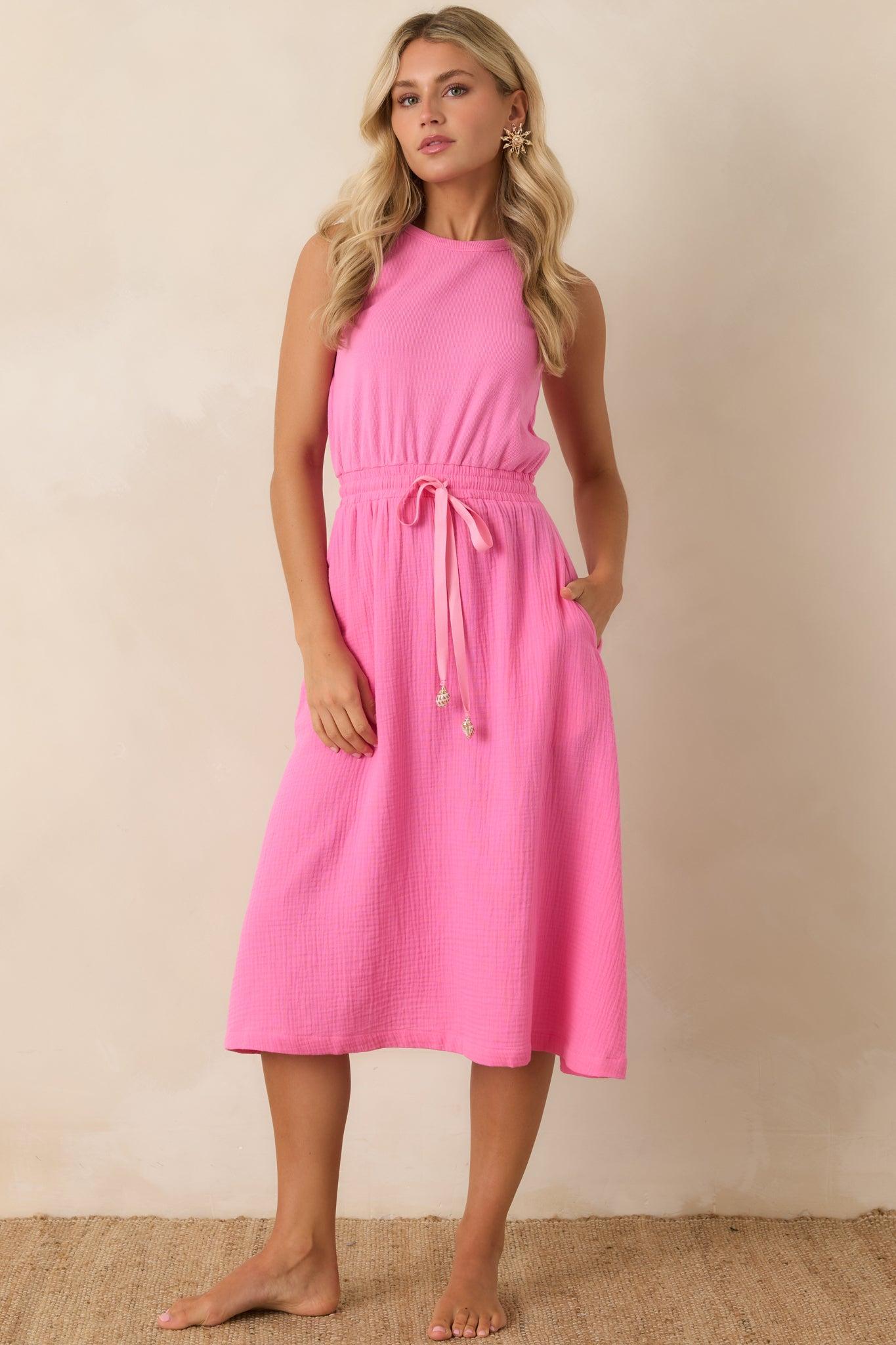 Paradisa Bonita Pink Cotton Sleeveless Midi Dress Product Image