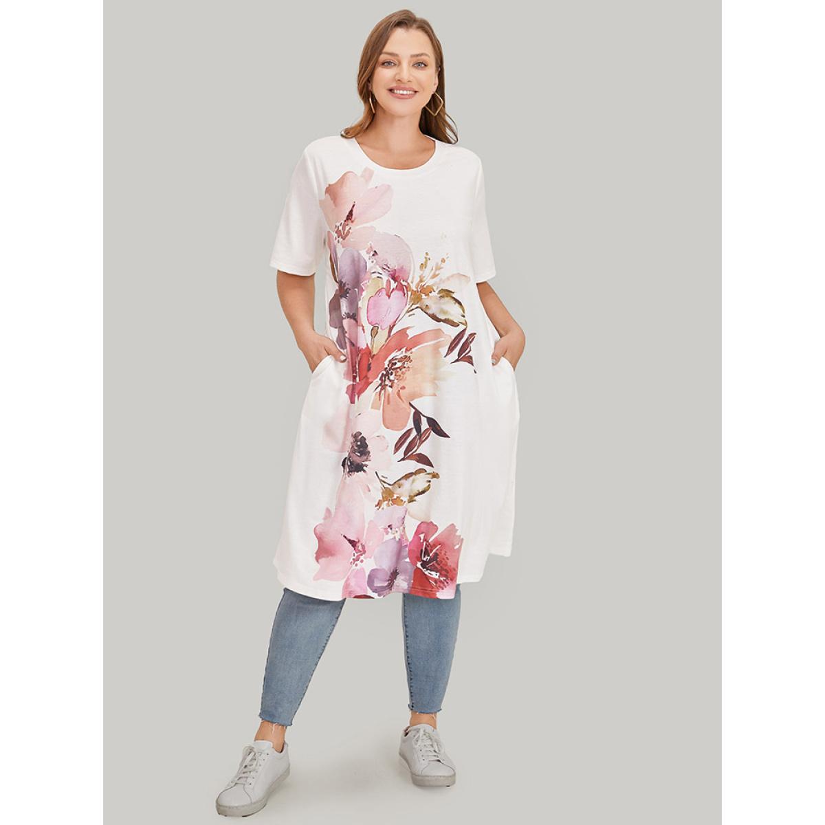 Plus Size Floral Print Pocket Contrast Midi Dress White Women Casual Pocket Round Neck Short sleeve Curvy Midi Dress BloomChic 12/L Product Image