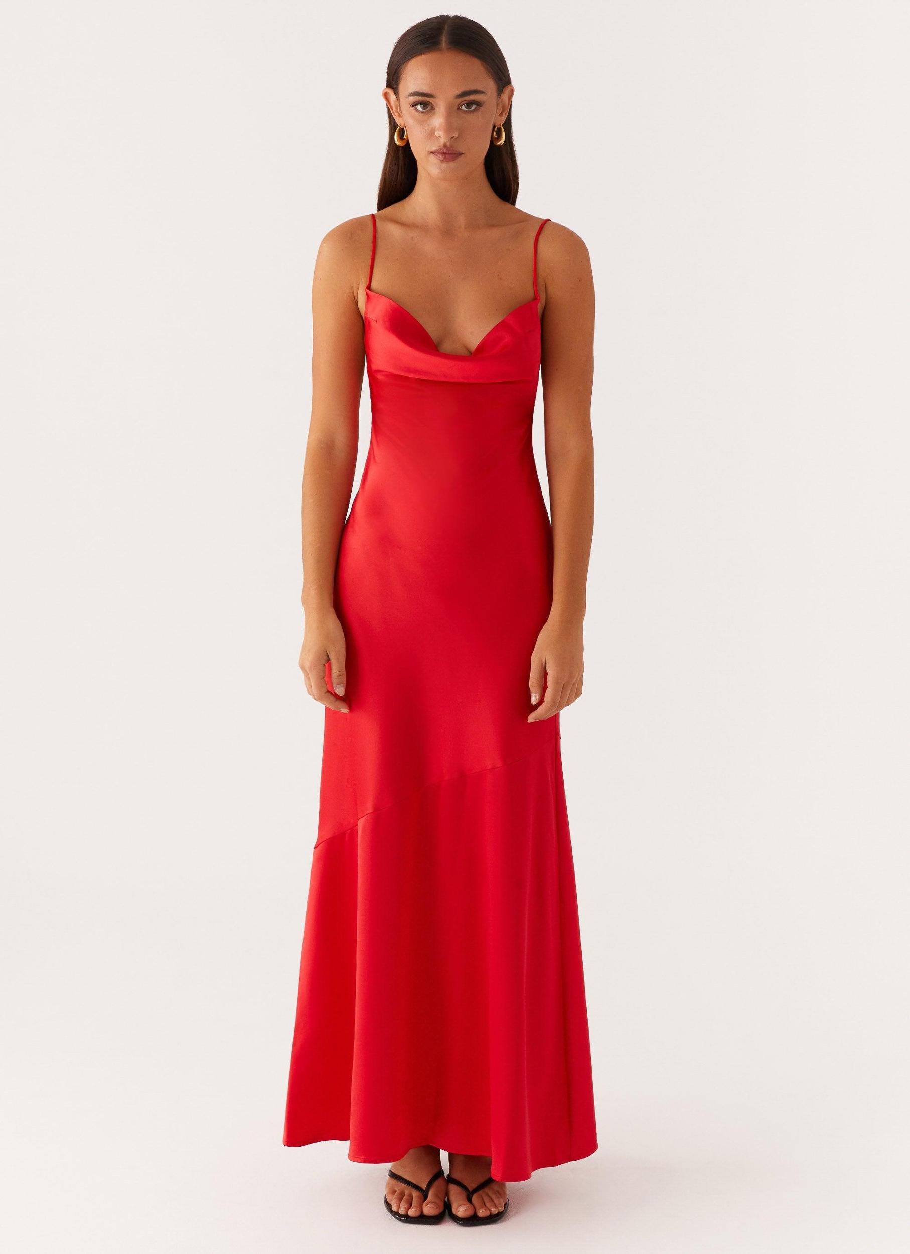 Alianna Cowl Neck Satin Maxi Dress - Red Product Image
