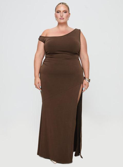 Rios One Shoulder Maxi Dress Brown Curve Product Image