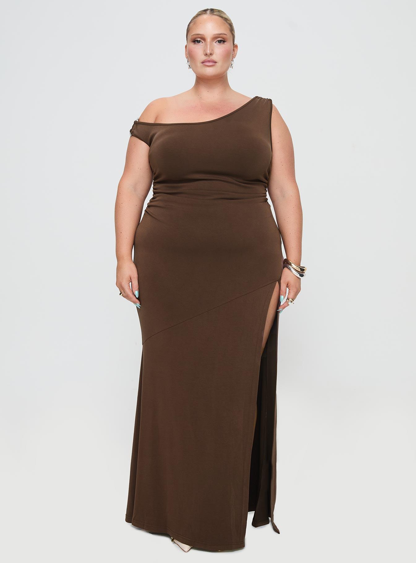Rios One Shoulder Maxi Dress Brown Curve Product Image