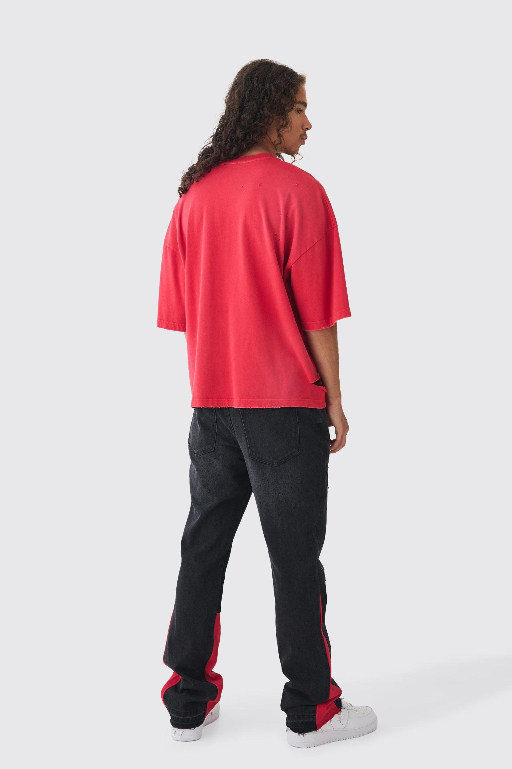 Slim Rigid Flare Cross Pu Applique Washed Jeans | boohooMAN USA Product Image