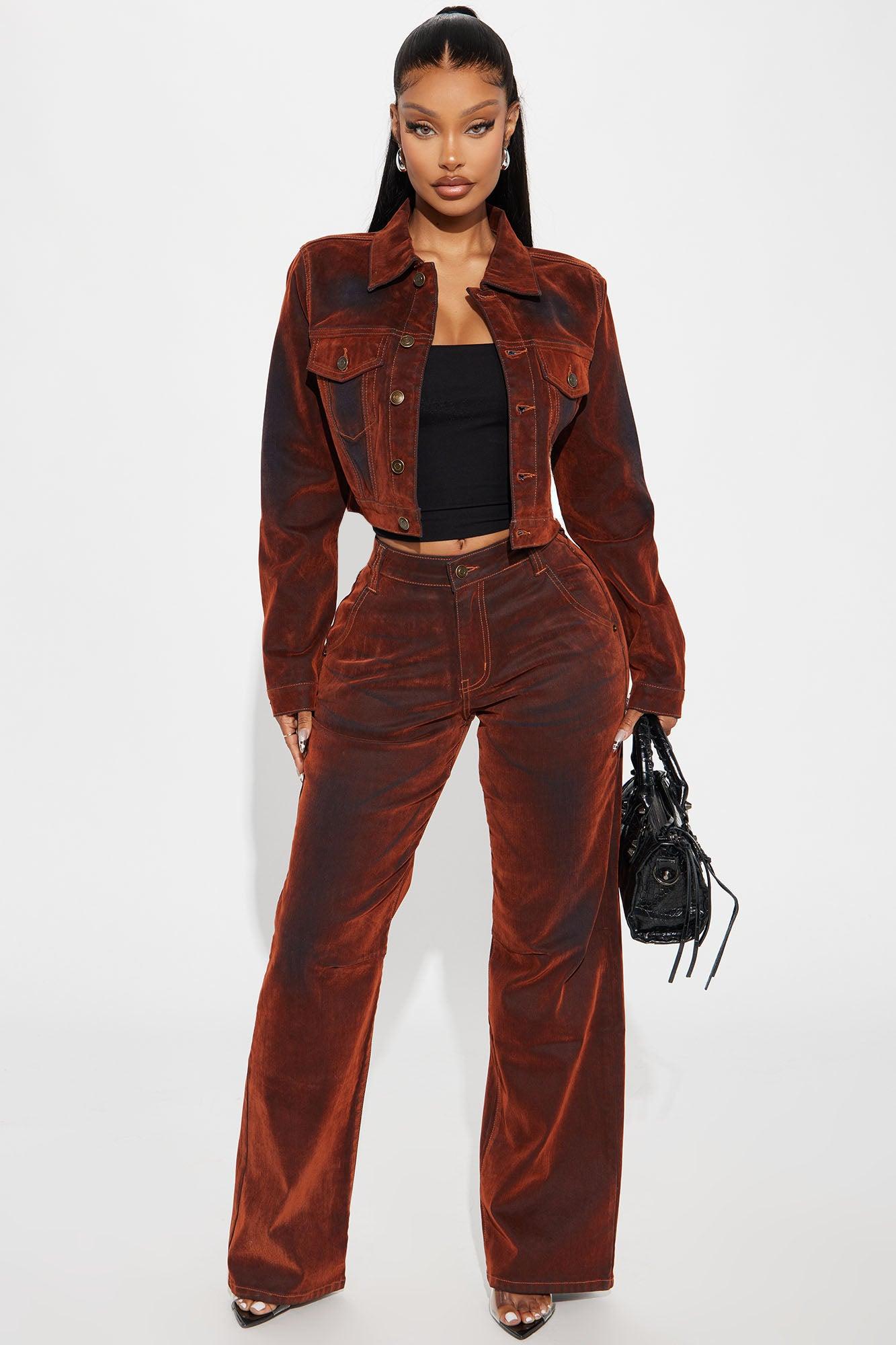 Karmic Stretch Velvet Straight Leg Jeans - Rust Product Image