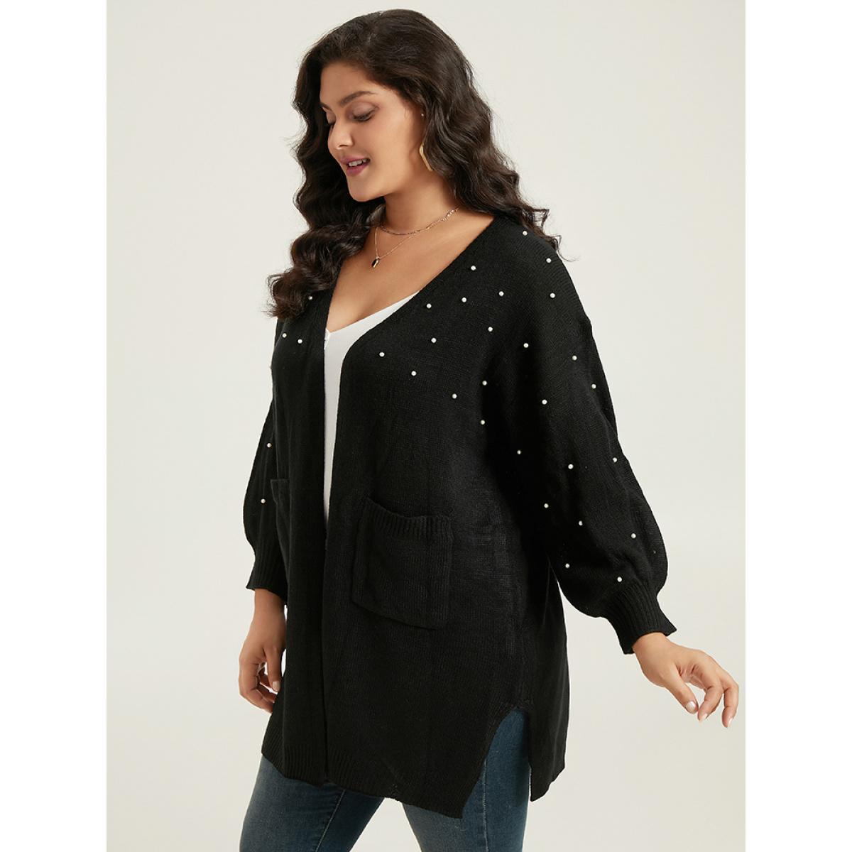 Plus Size Beaded Split Side Patched Pocket Cardigan Black Women Casual Loose Long Sleeve Everyday Cardigans BloomChic 28/5X Product Image