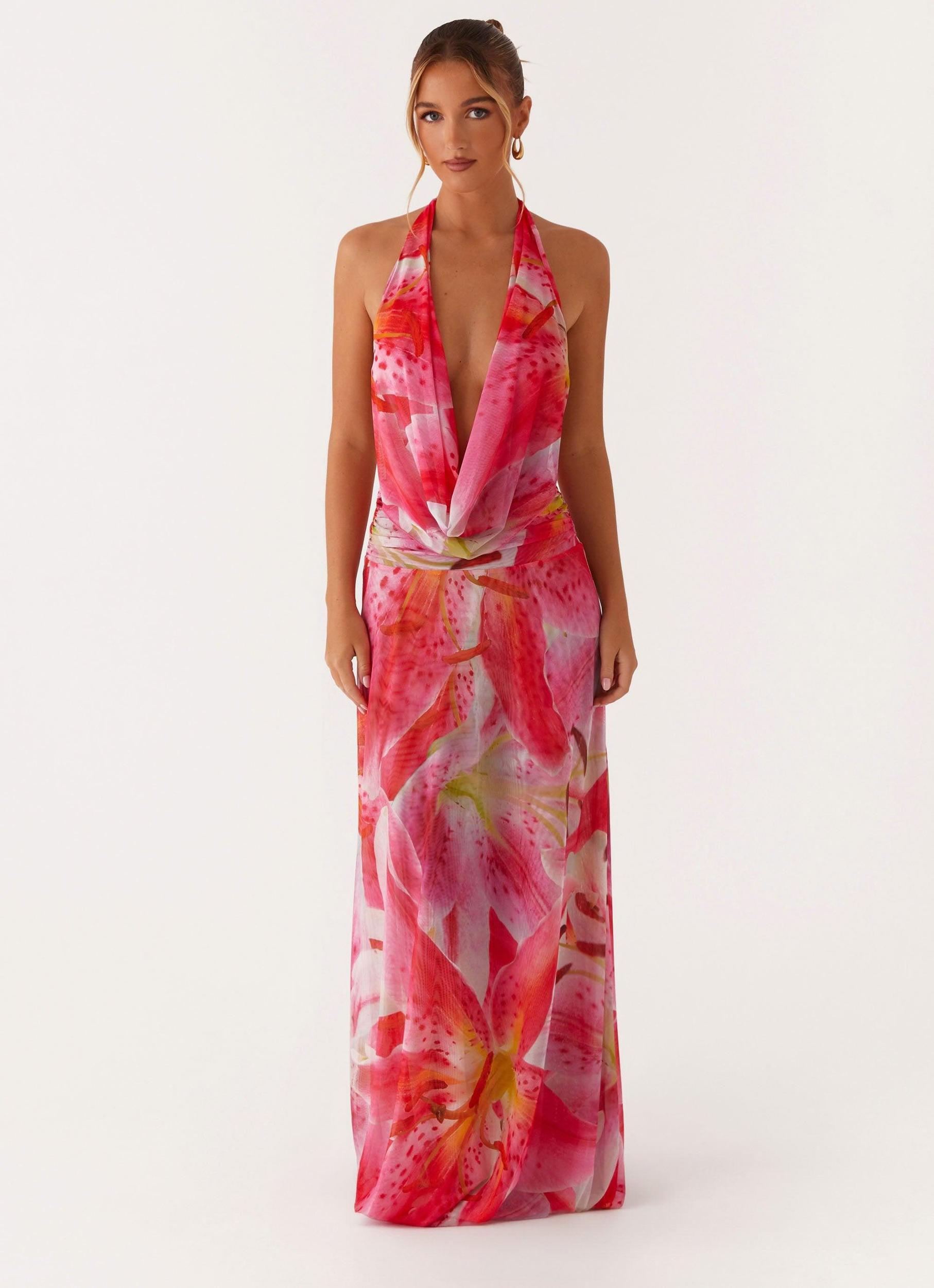 Elysia Mesh Maxi Dress - White Pink Lilly Product Image