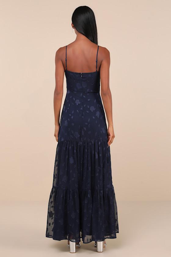 Poised Grace Navy Blue Burnout Floral Bustier Tiered Maxi Dress Product Image