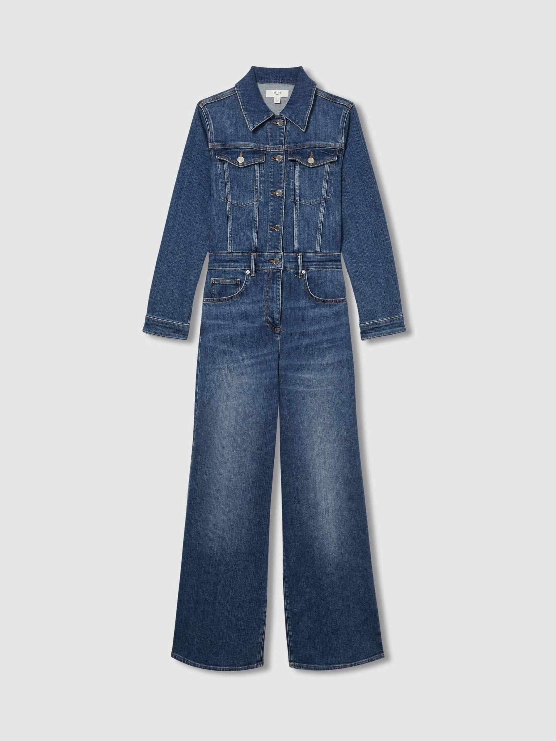 Cotton-Blend Denim Relaxed-Fit Jumpsuit in Mid Blue Product Image