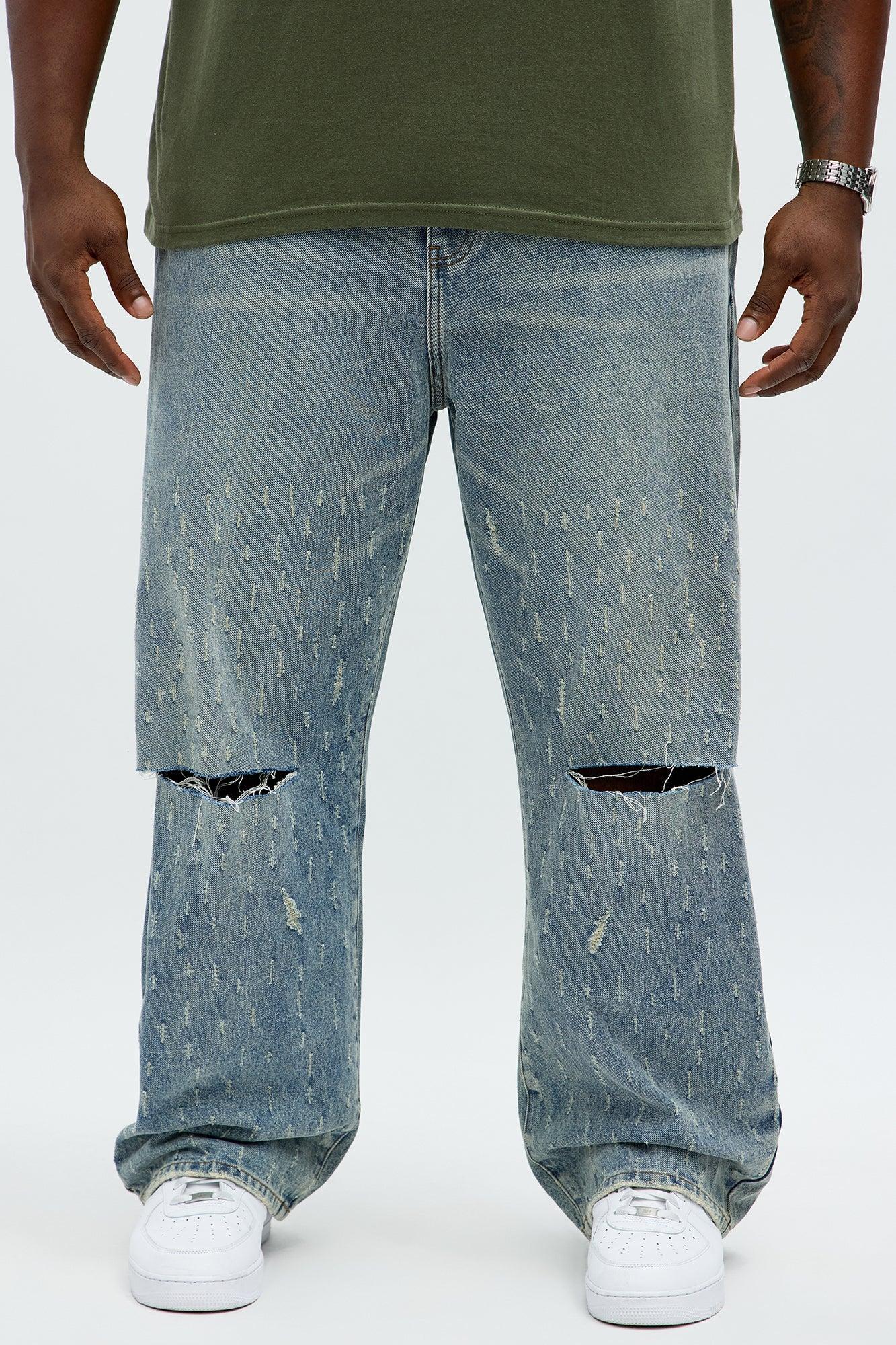 Baggy Scattered Distressed Jeans - Medium Blue Wash Male Product Image