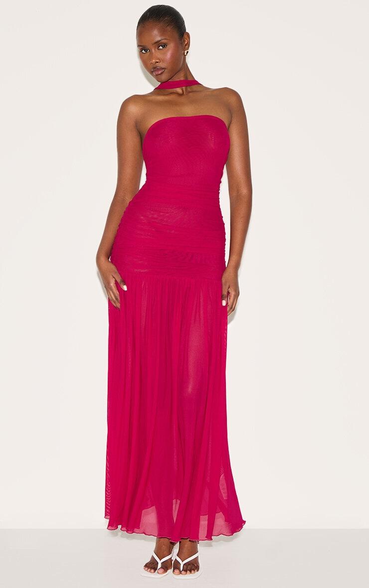 Fuchsia Ruched Scarf Dropped Waist Maxi Dress Product Image