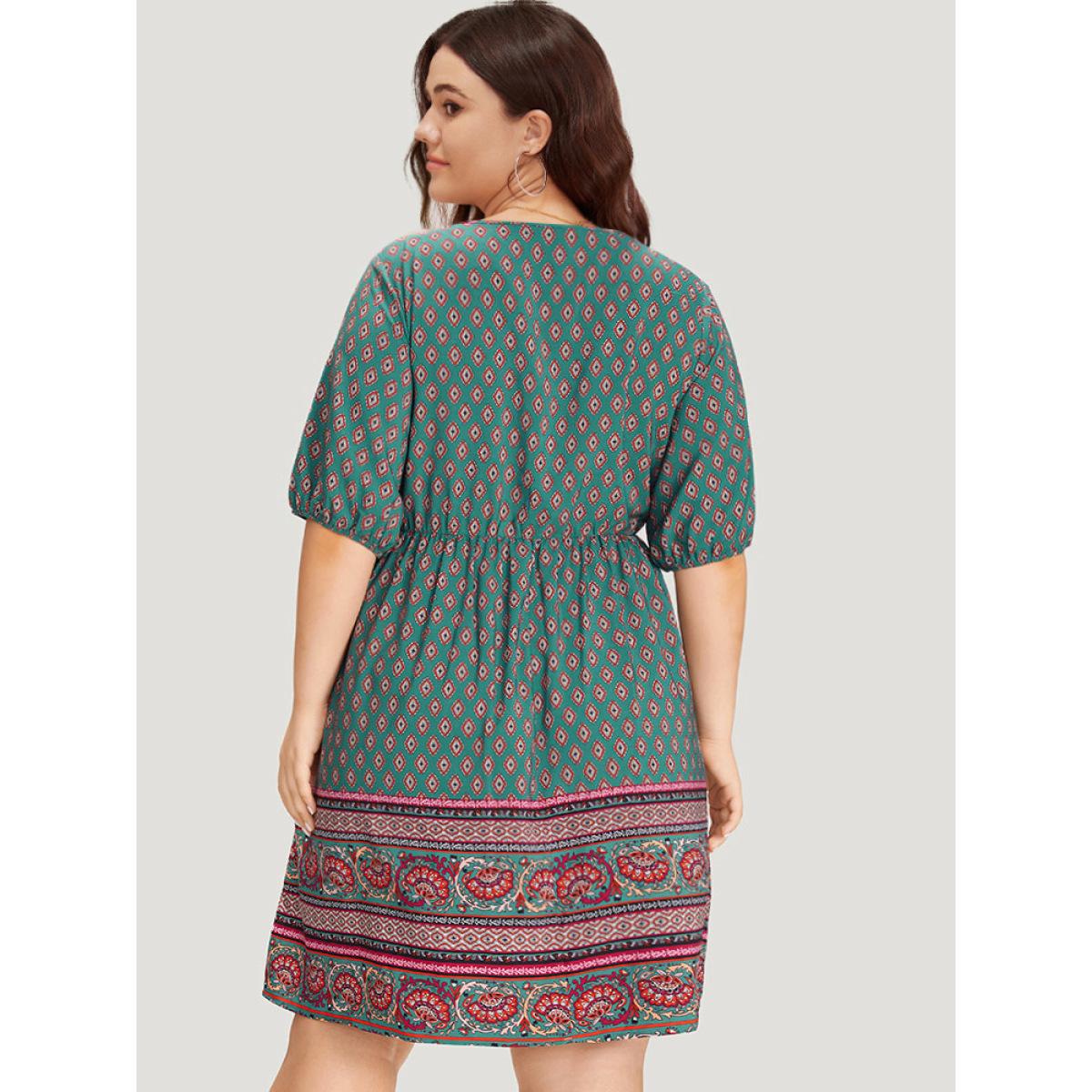 Plus Size Boho Print V Neck Pocket Lantern Sleeve Dress Teal Women Vacation Patchwork V-neck Half Sleeve Curvy Knee Dress BloomChic 30/6X Product Image