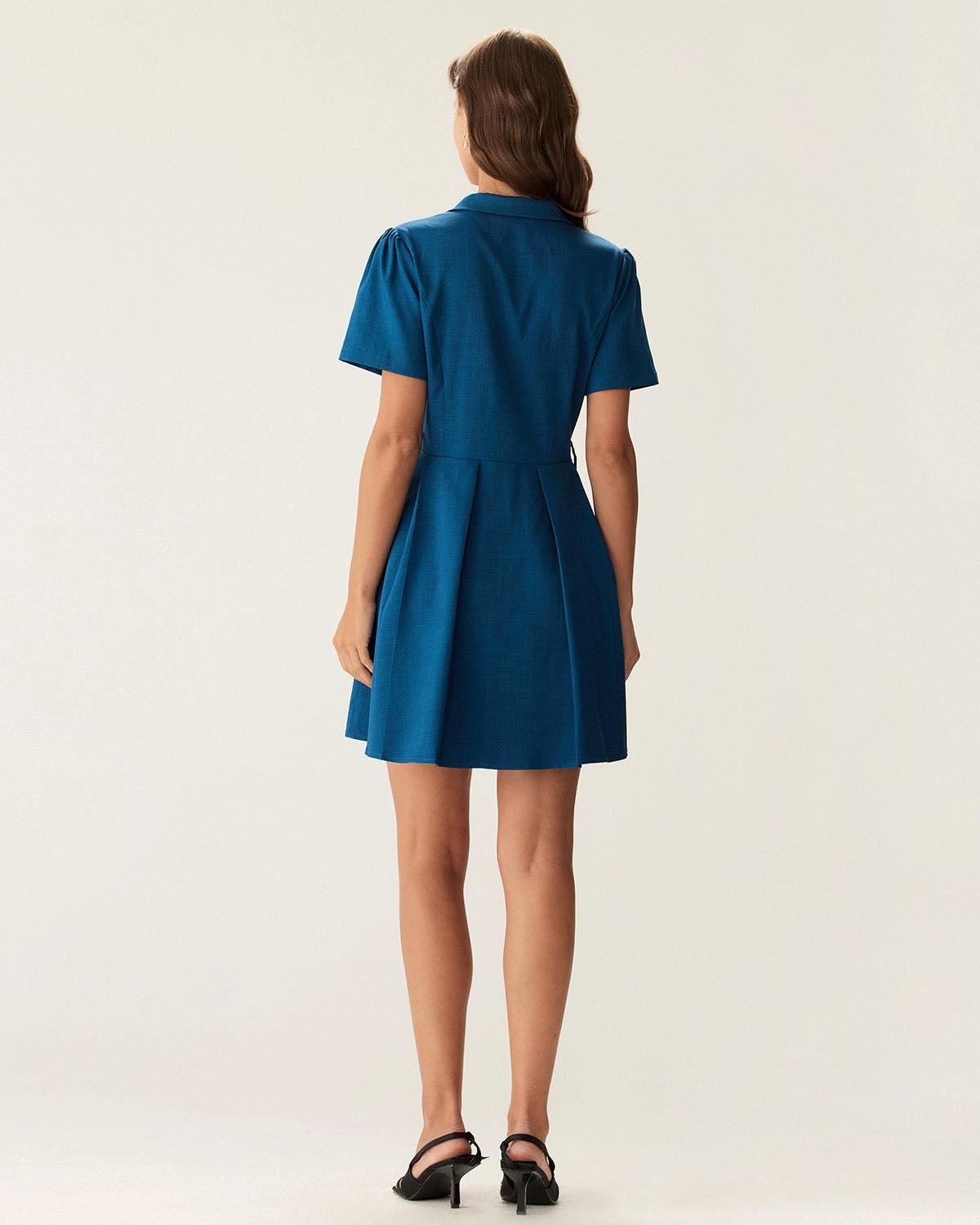 Blue Puffed Sleeve Button Mini Dress Product Image