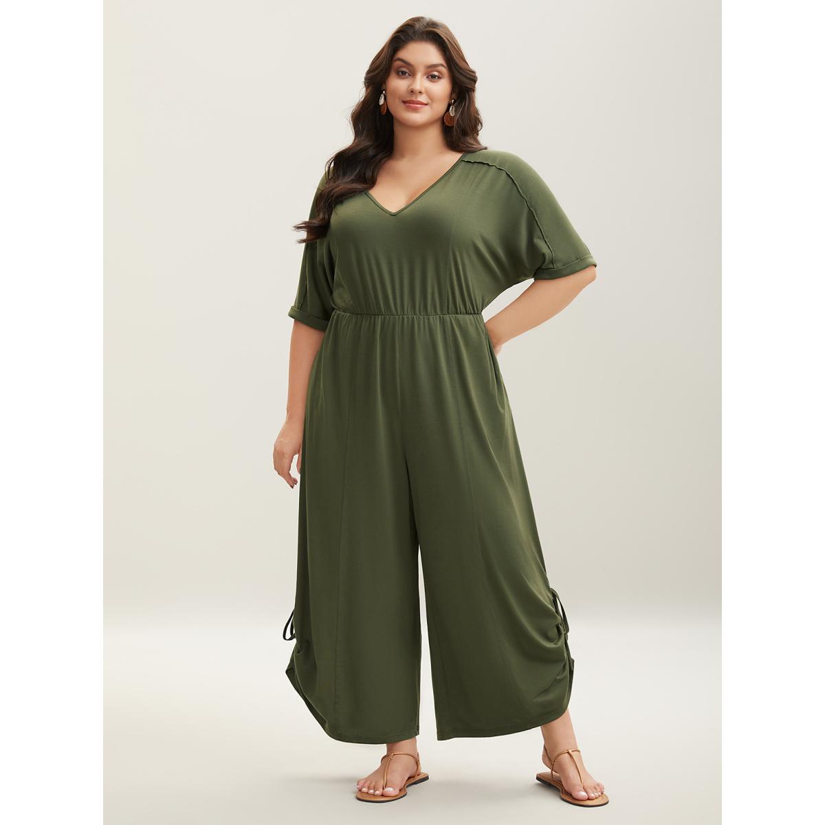 Plus Size ArmyGreen Tie-Up Hem Pull-Over Stretch Jumpsuit Women Short sleeve V-neck Vacation Loose Jumpsuits BloomChic 18-20/2X Product Image