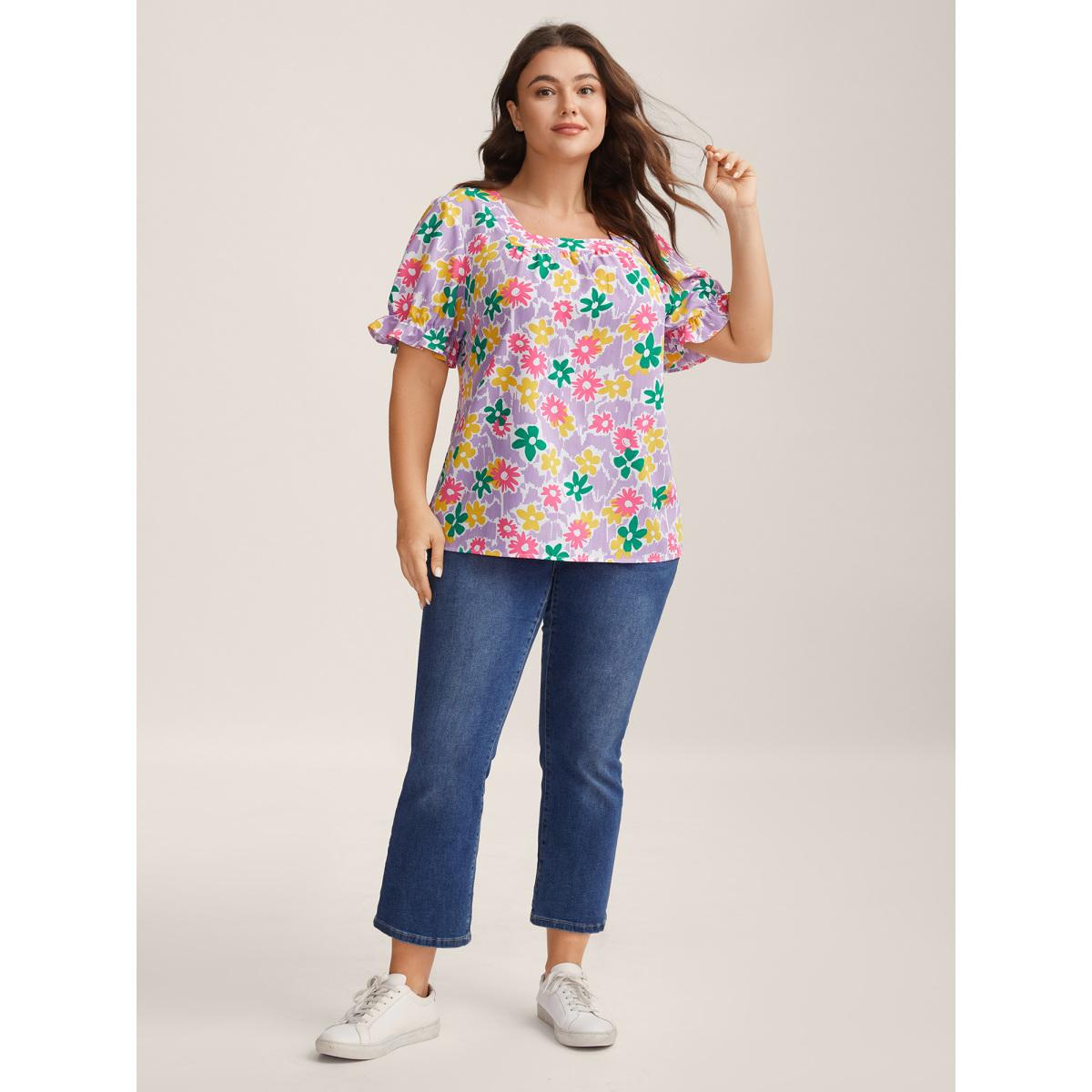 Plus Size Lilac Rainbow Floral Print Pleated Blouse Women Short sleeve Square Neck Casual Blouses BloomChic 28/5X Product Image