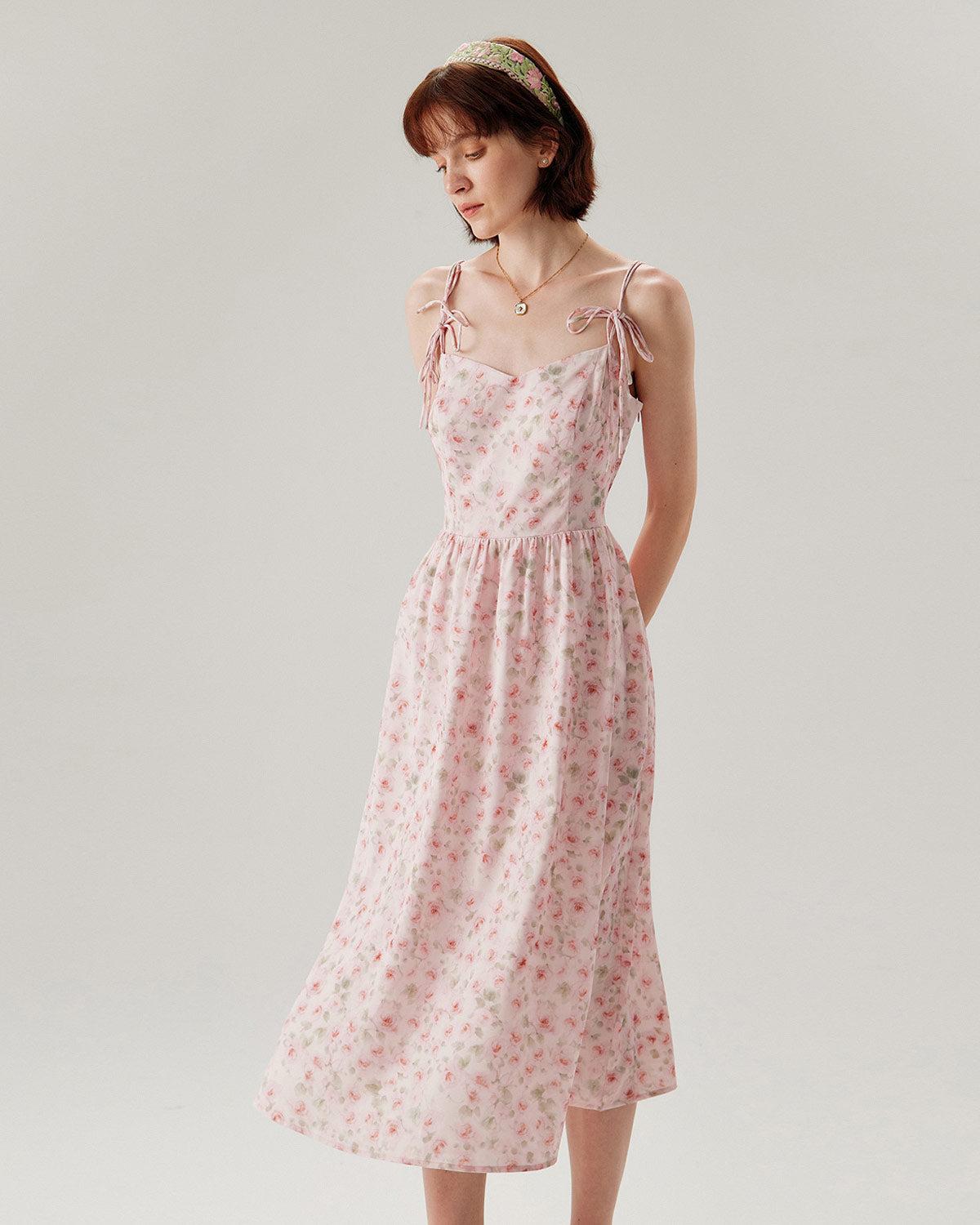 Pink Floral Shirred Slip Midi Dress Product Image