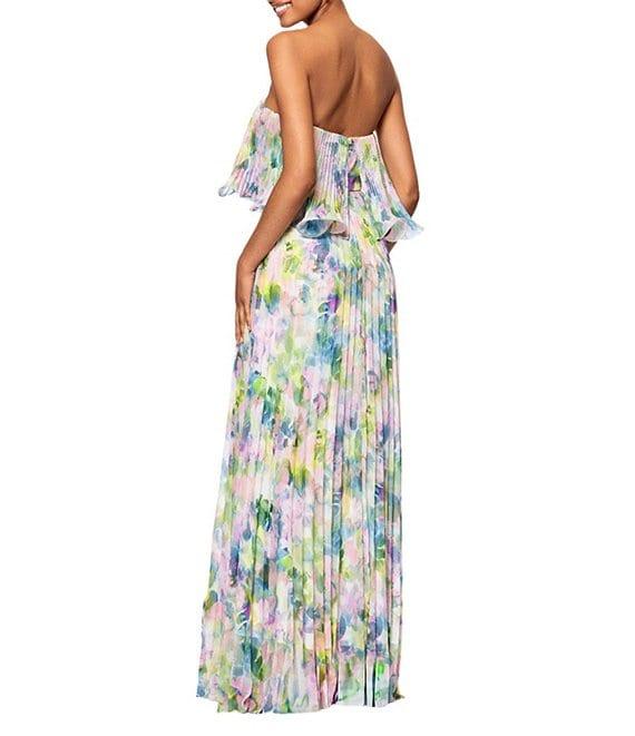 Betsy & Adam Pleated Chiffon Floral Print Strapless Neck Sleeveless Ruffle Gown Product Image