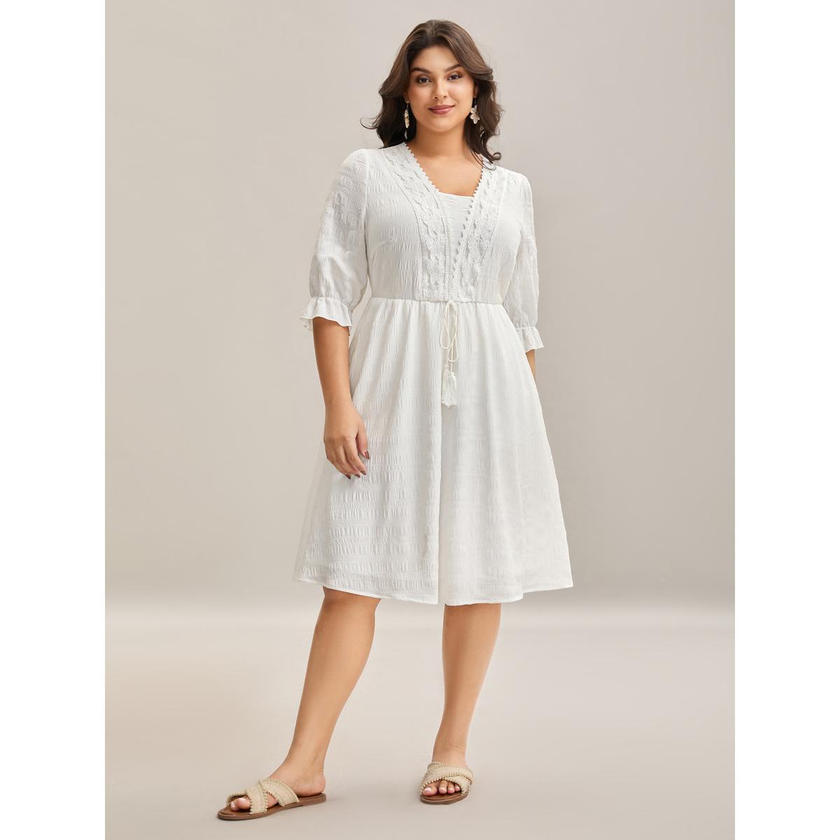 Plus Size Textured Lace Waist-Tie Midi Dress WhiteSmoke Women Tie knot Overlap Collar Elbow-length sleeve Curvy BloomChic 12/L Product Image