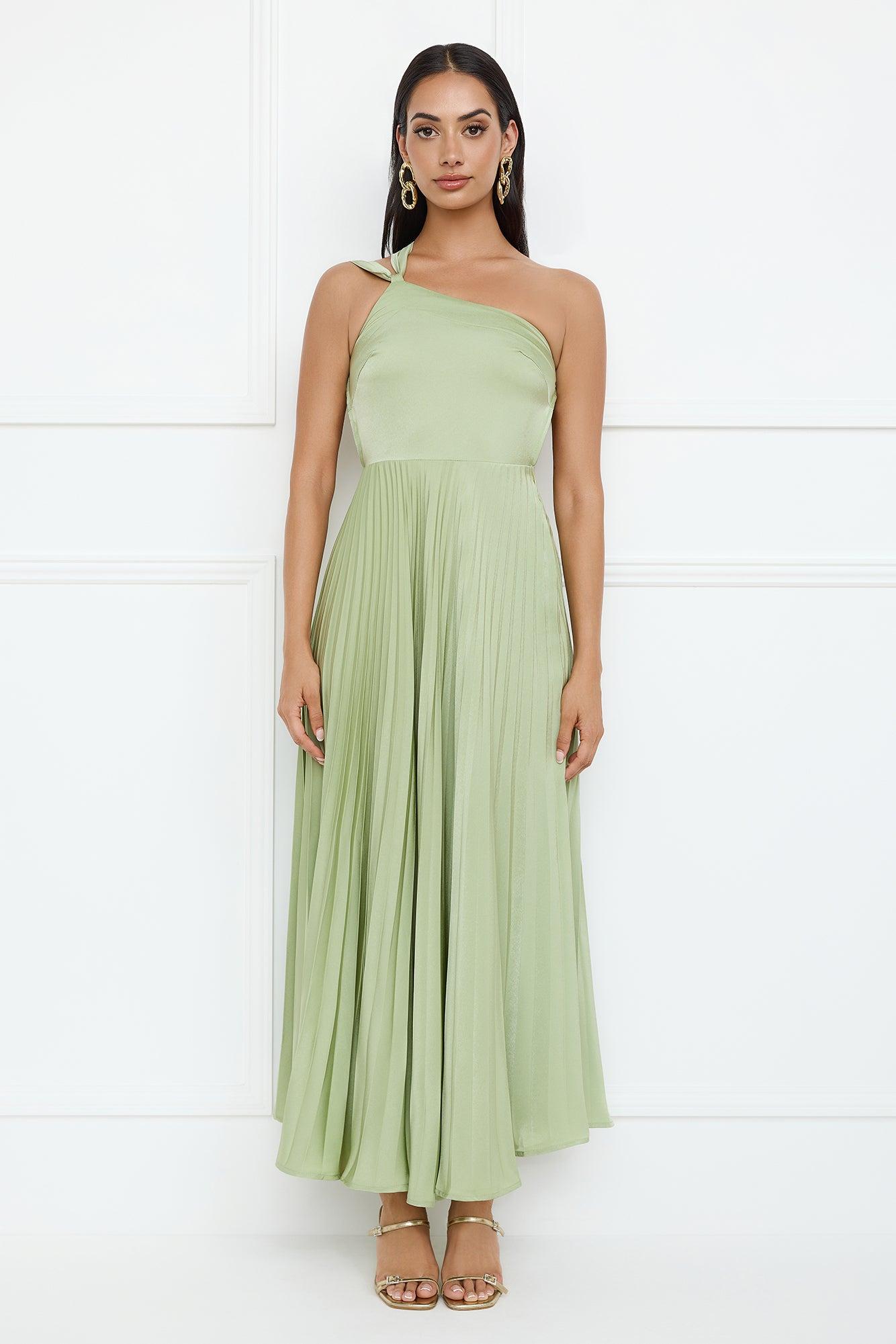 Rosé Reverie One Shoulder Satin Maxi Dress Sage Product Image