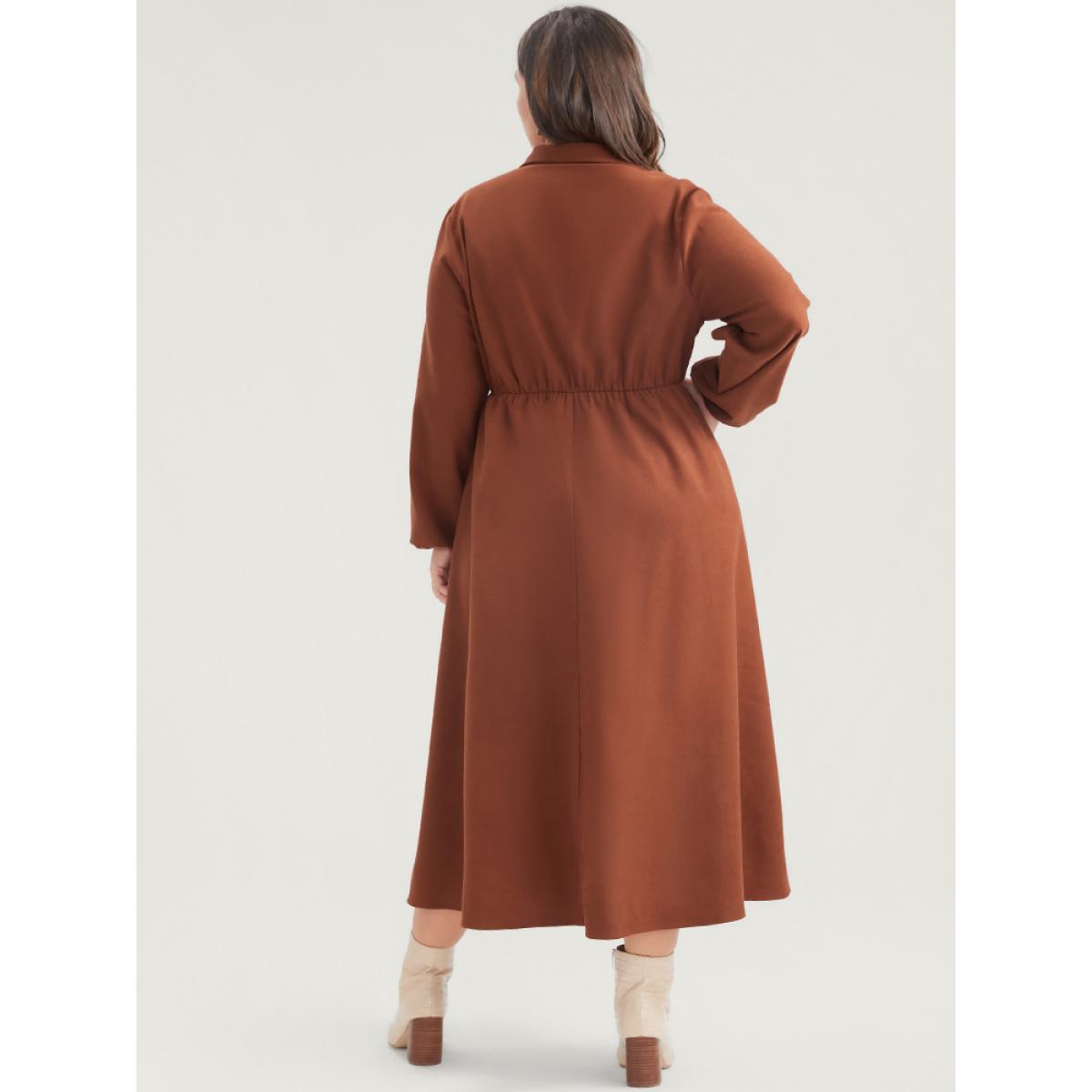 Plus Size Solid Tie Up Shirt Collar Pocket Button Detail Corduroy Dress Chocolate Women Office Button Shirt collar Long Sleeve Curvy Midi Dress BloomChic 10/M Product Image