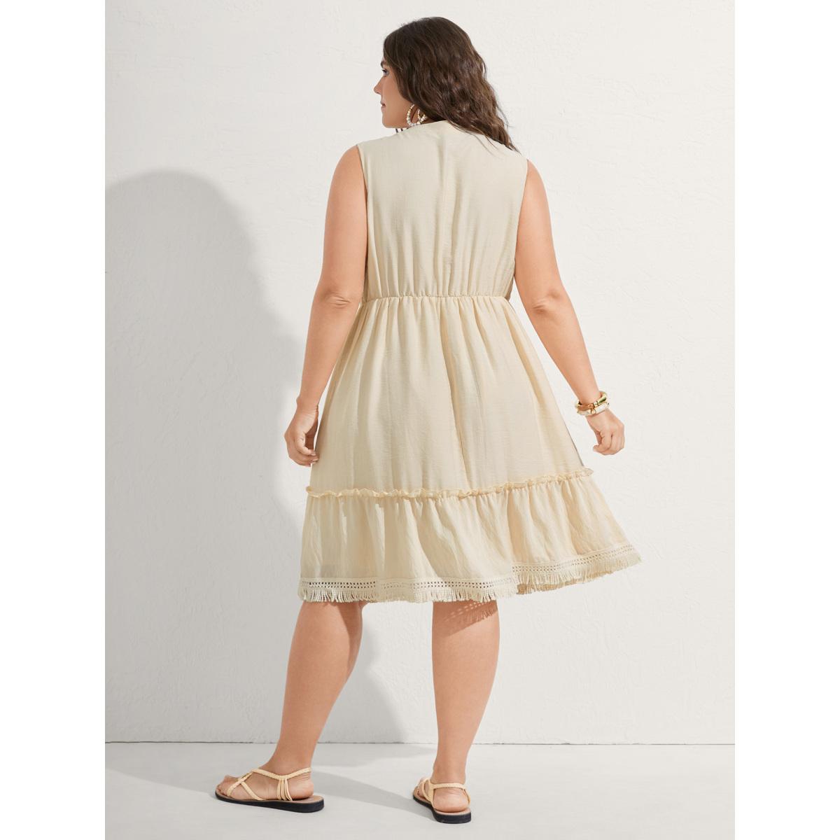 Plus Size Pure Cotton Tassels Lace Midi Dress Apricot Women Boho Woven ribbon&lace trim Flat collar with V-notch Sleeveless Curvy BloomChic 12/L Product Image