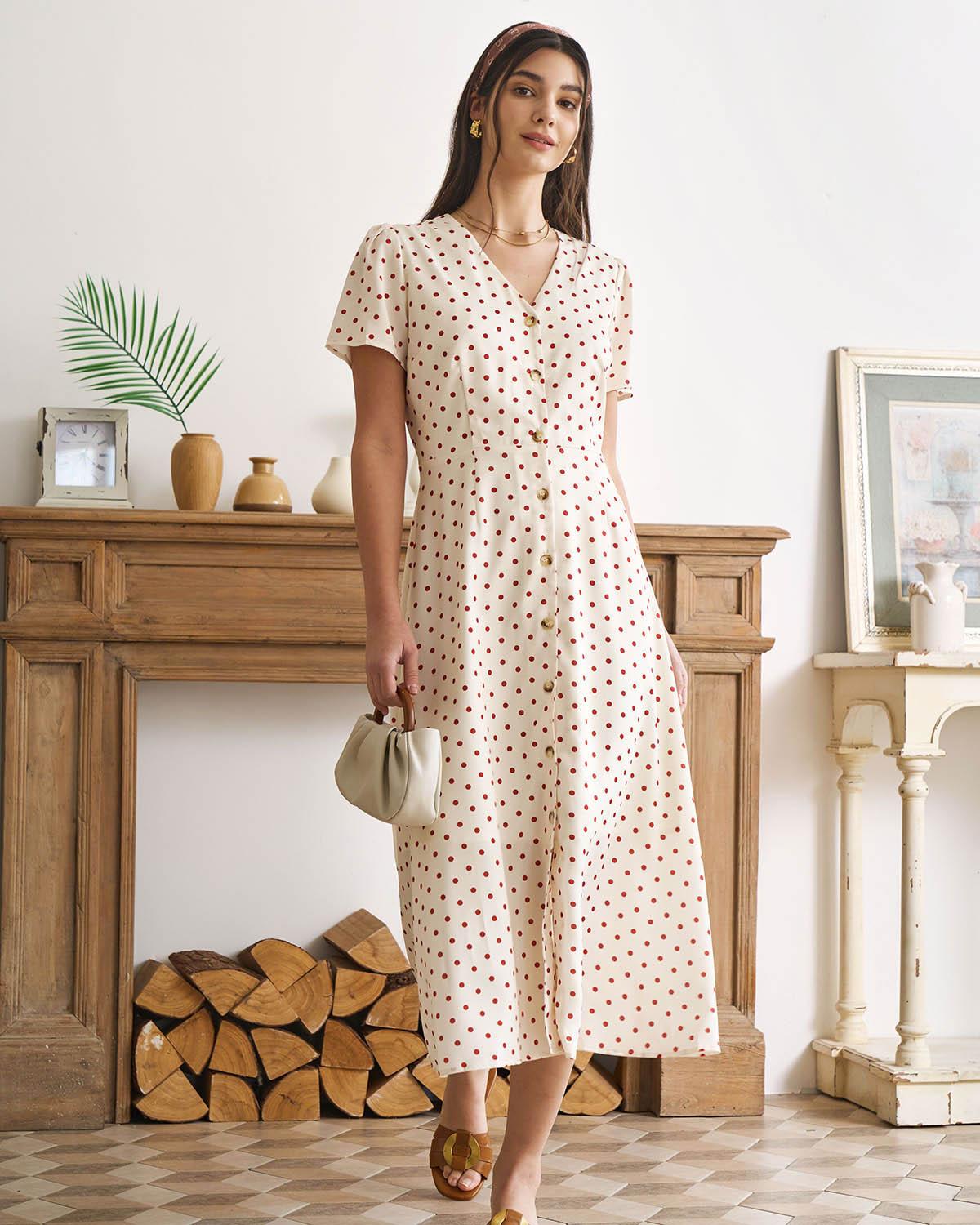 The Beige V Neck Polka Dot Button Midi Dress Product Image