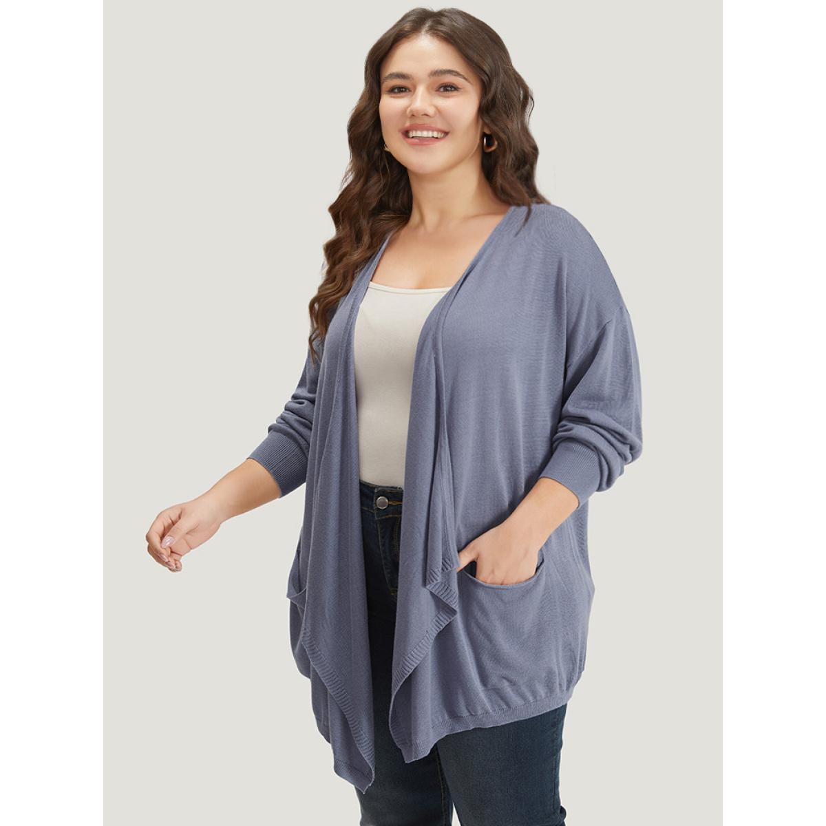 Plus Size Supersoft Essentials Solid Lapel Collar Patched Pocket Cardigan Stone Women Casual Loose Long Sleeve Dailywear Cardigans BloomChic 14-16/1X Product Image