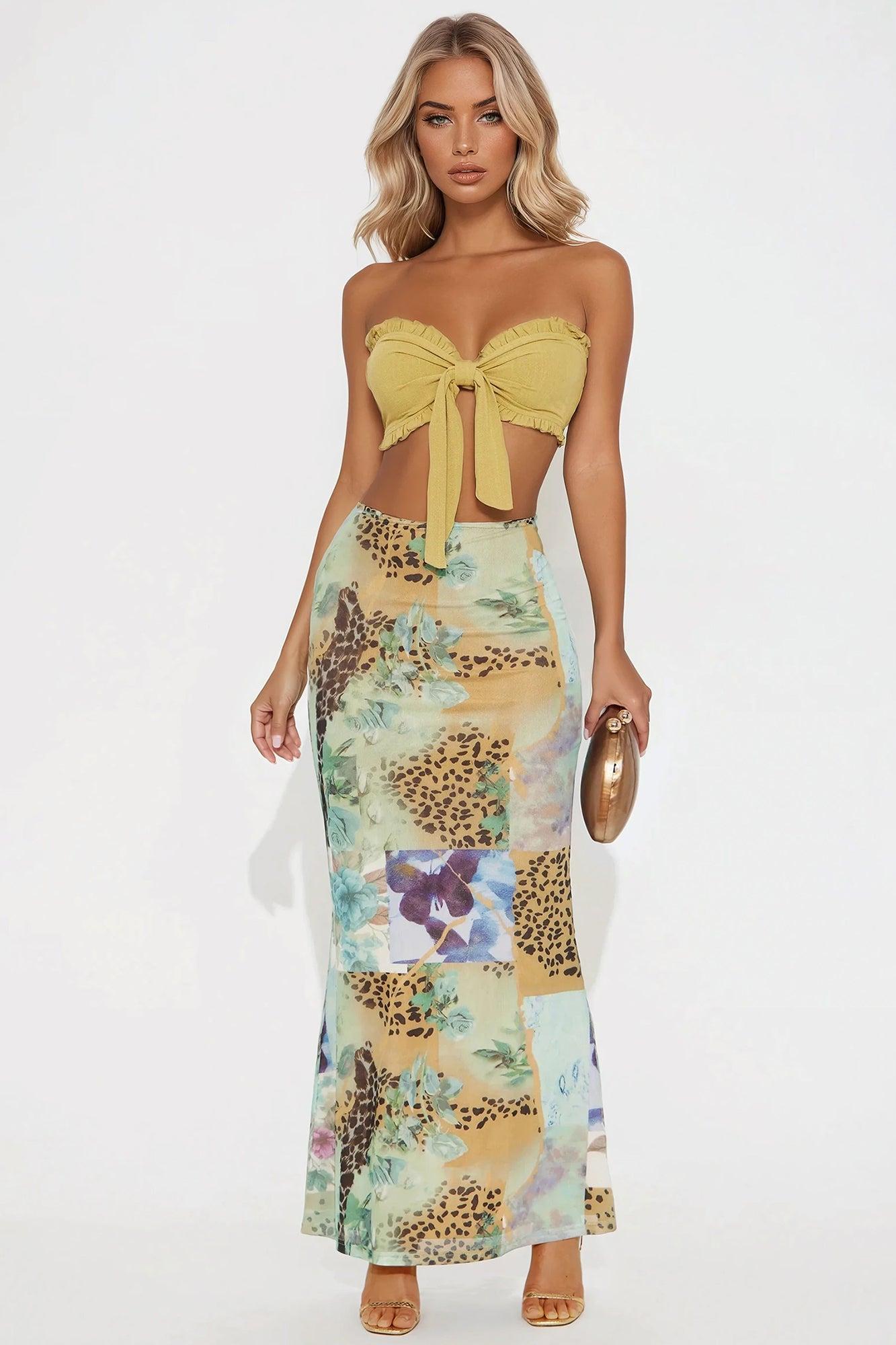 Laila Floral Leopard Print Mesh Maxi Skirt - Green/combo Product Image