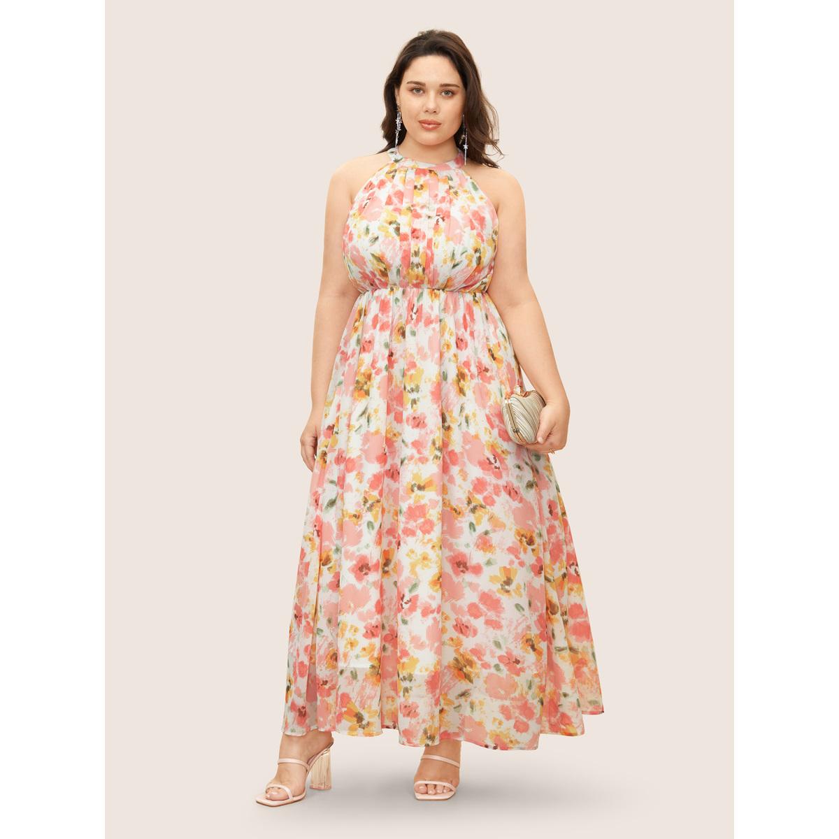 Plus Size Halter Neck Floral Pleated Pocket Dress White Women Formal Shirt collar Sleeveless Curvy BloomChic 22-24/3X Product Image