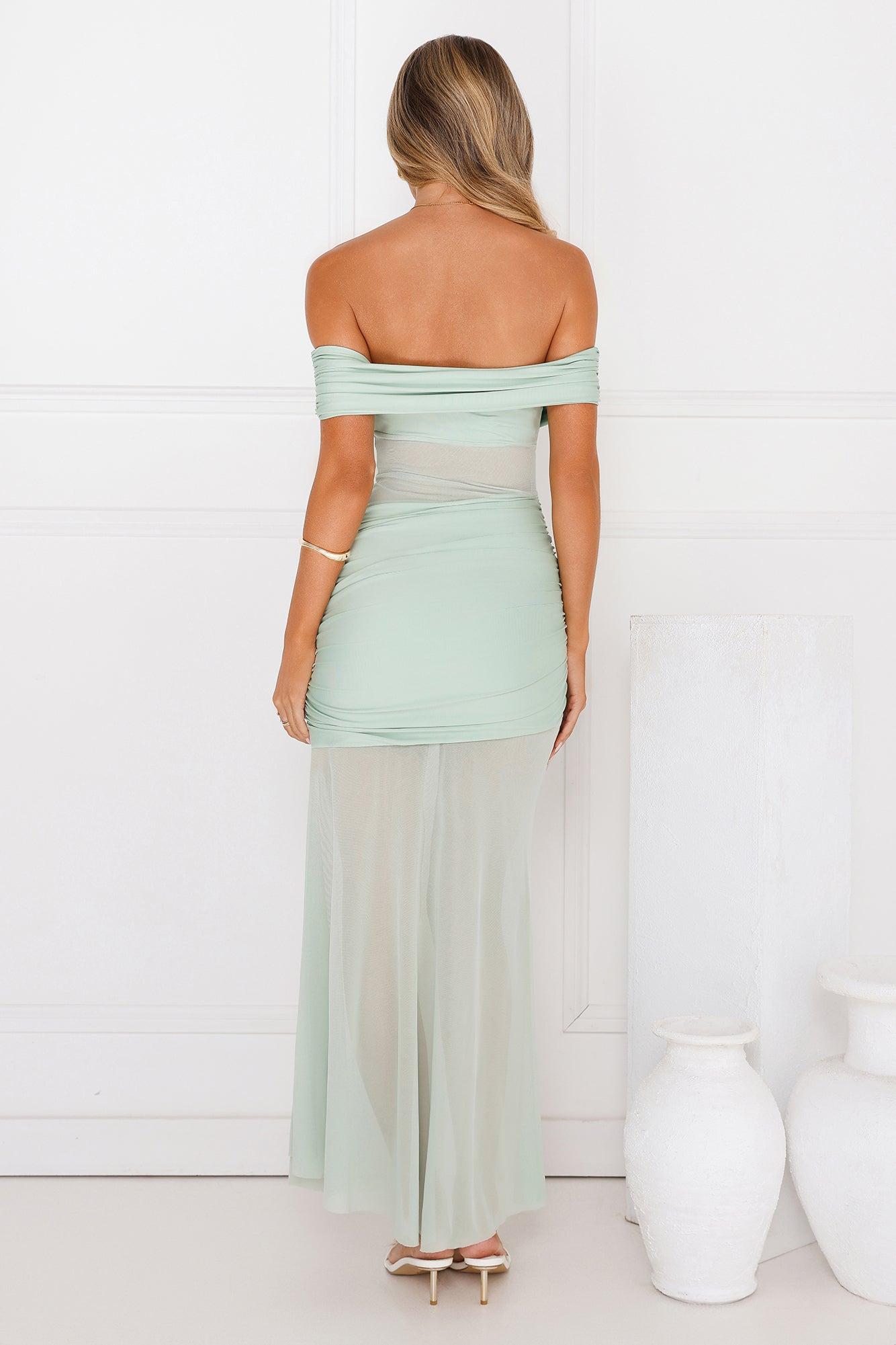 Dewdrop Dream Off Shoulder Mesh Maxi Dress Sage Product Image