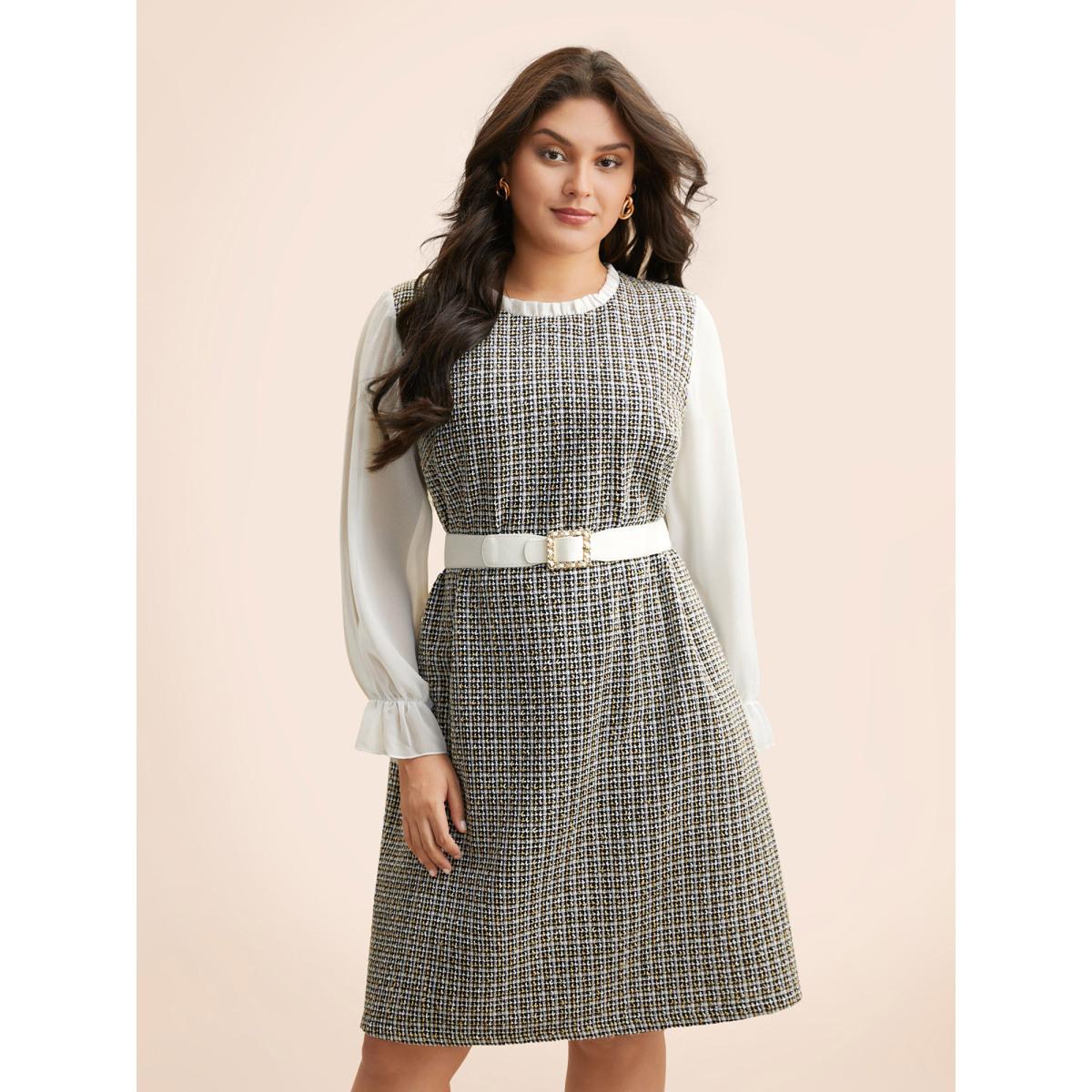 Plus Size Tweed Patchwork Ruffle Trim Dress Black Women Elegant Texture Mock Neck Long Sleeve Curvy BloomChic 30/6X Product Image