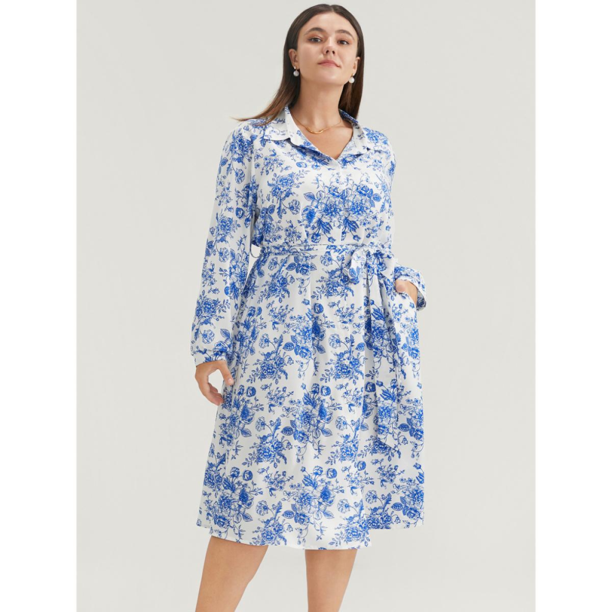 Plus Size Floral Button Up Pocket Belted Lapel Collar Dress WhiteSmoke Women Office Belted Lapel Collar Long Sleeve Curvy Knee Dress BloomChic 22-24/3X Product Image