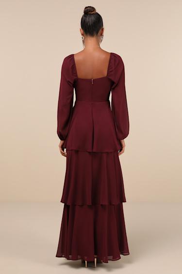 Tier to Enchant Burgundy Long Sleeve Tiered Maxi Dress Product Image